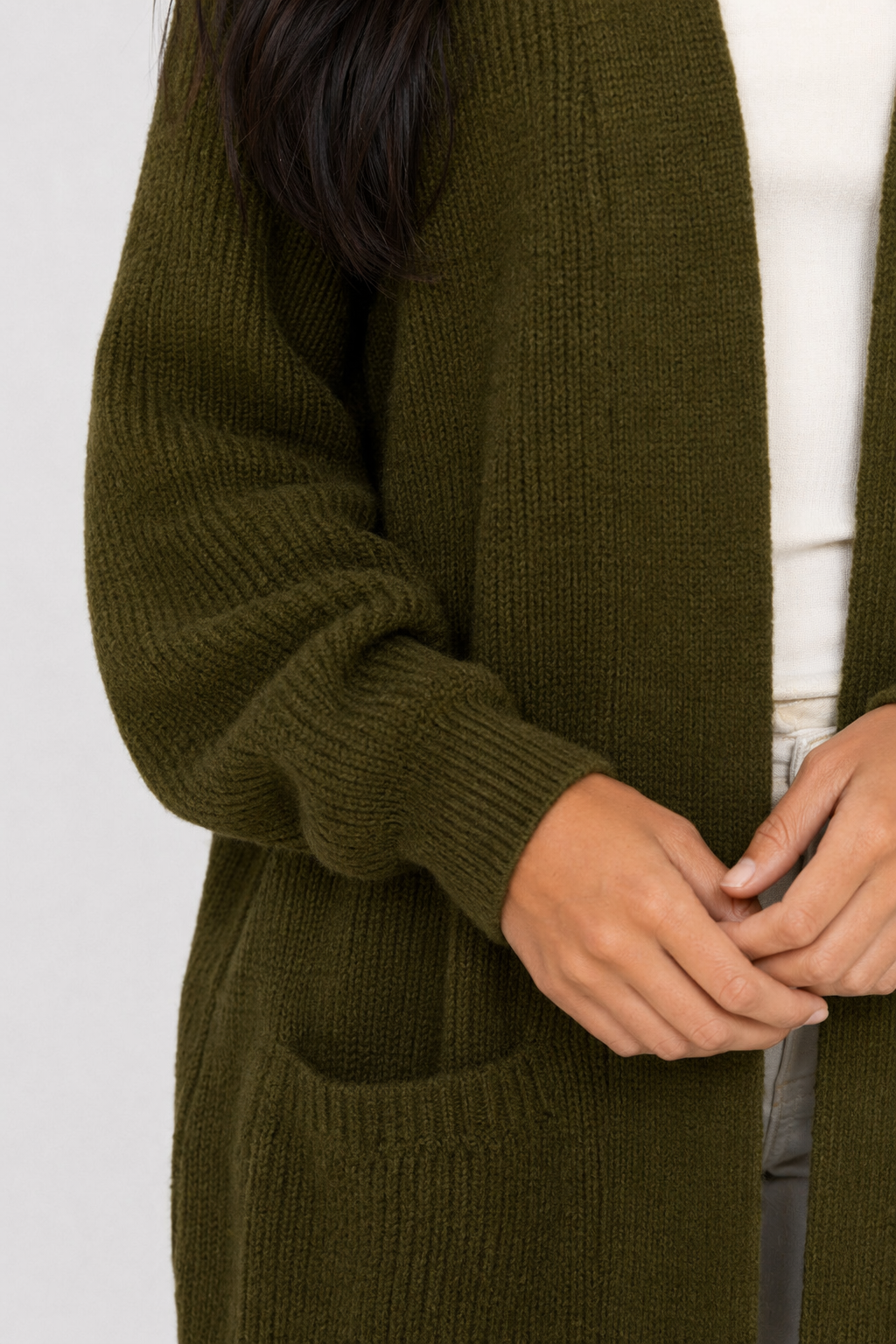 Women's Open Front Cardigan with Mid-Length and Pockets Army Green