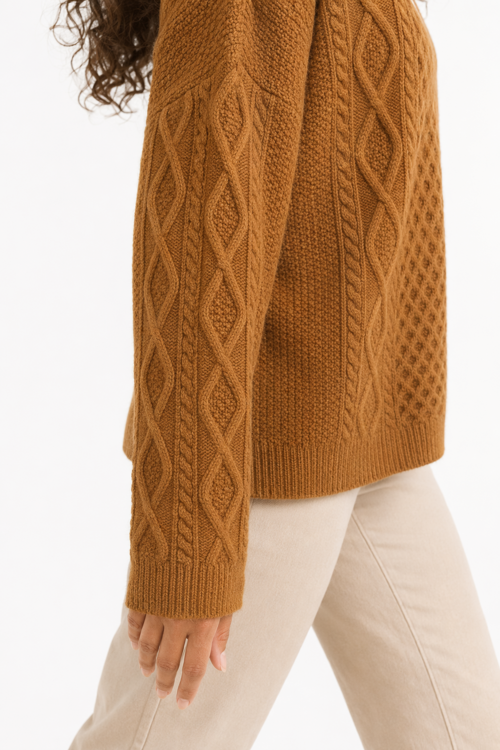 Women's Sweater with Cable-Knit Design and V-Neckline Brown