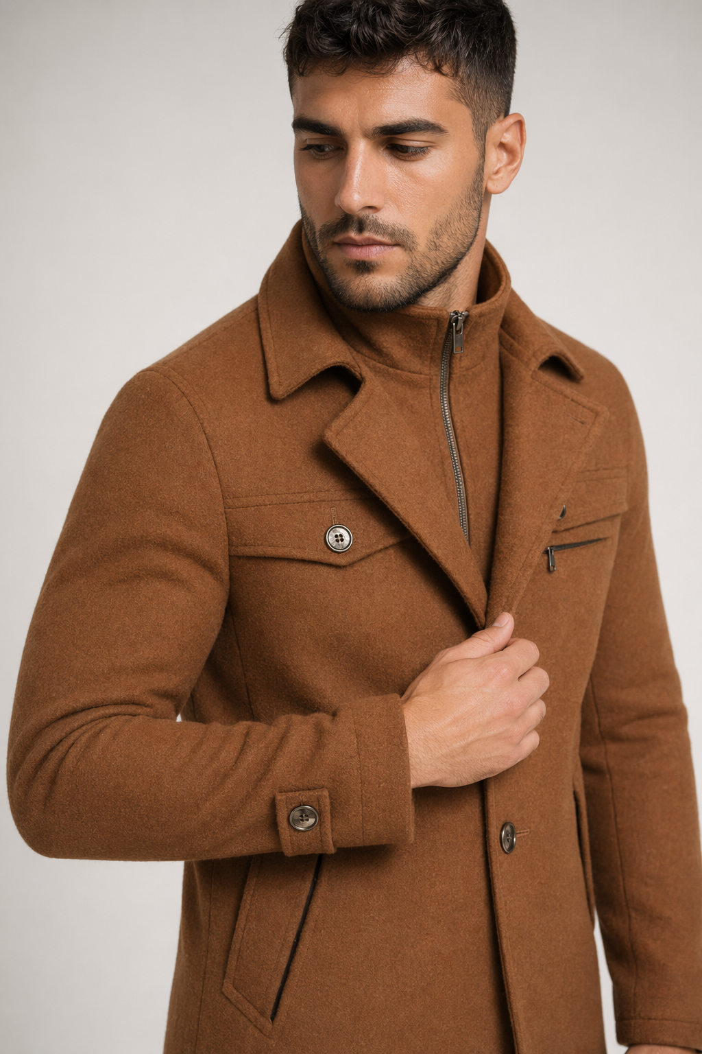 Military Style Men's Coat with Layered Collar and Button Front Brown