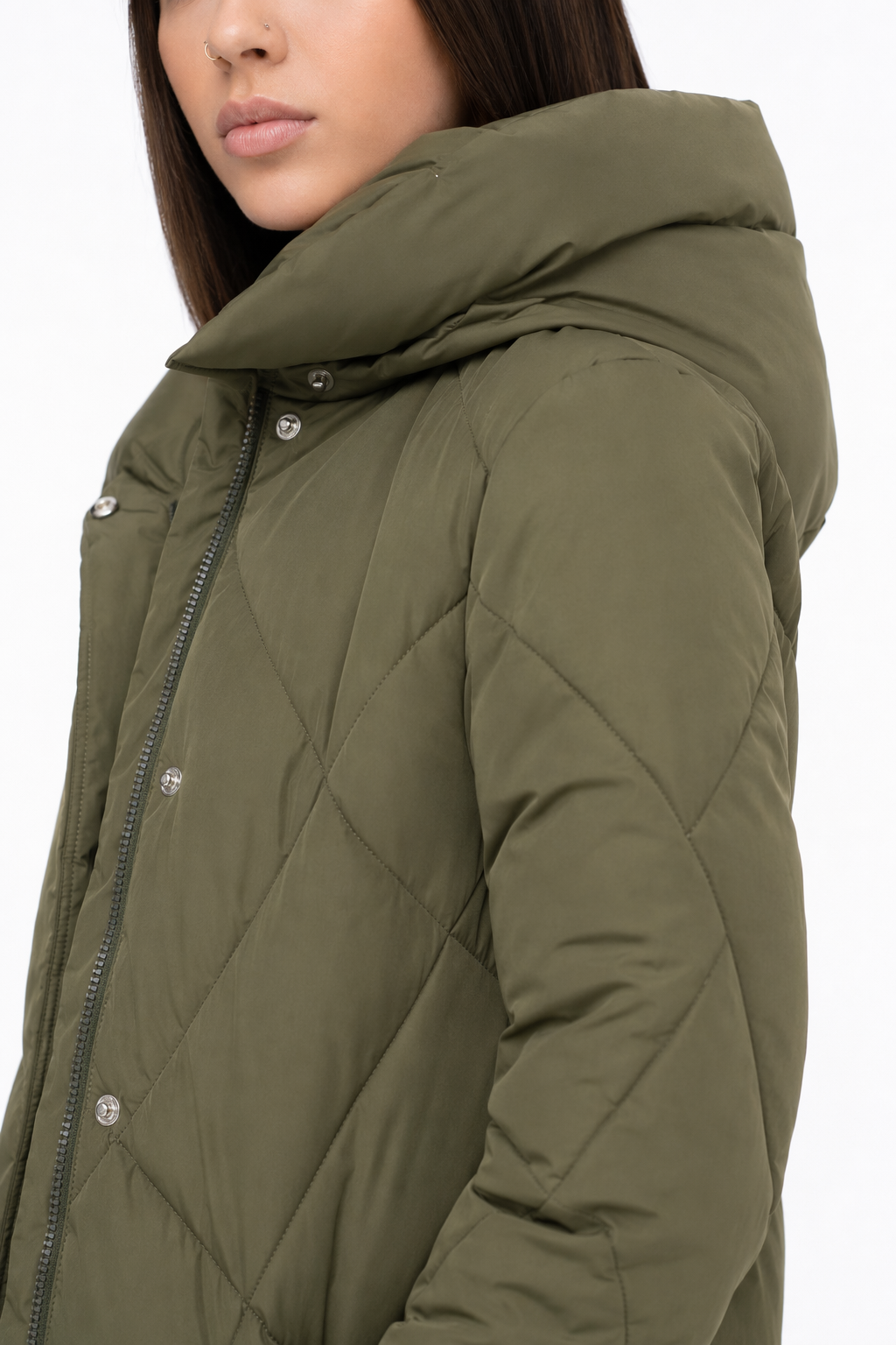 Long Padded Jacket with High Neckline for Women Army Green
