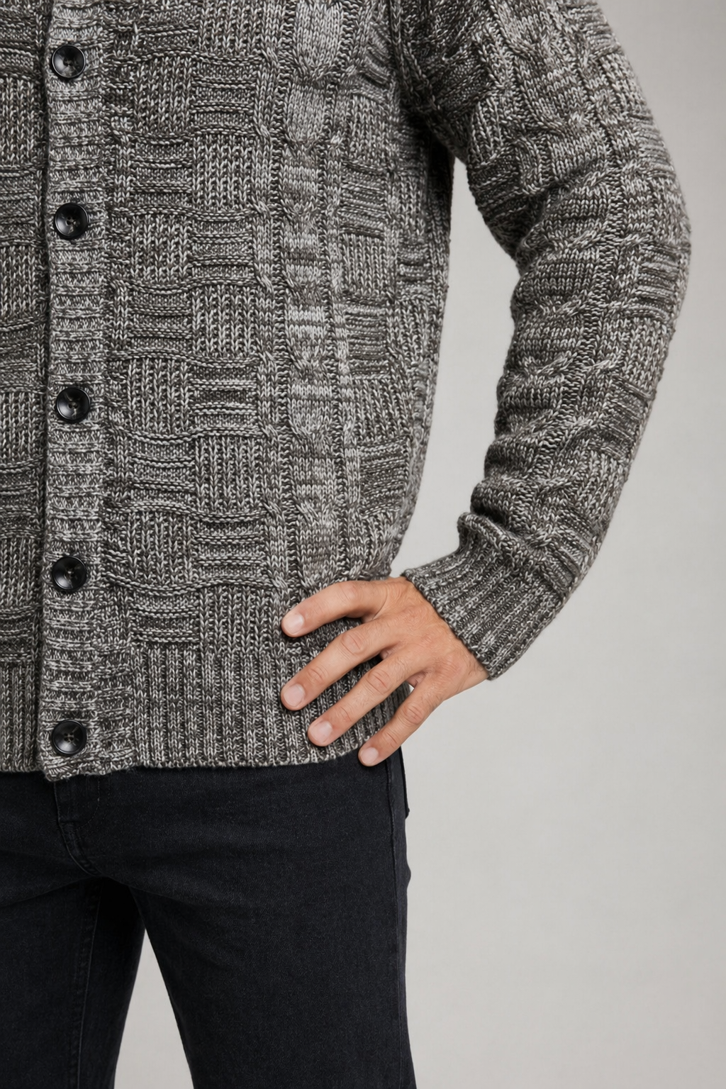 Khaki Button Front Crew Neck Men's Cardigan Default