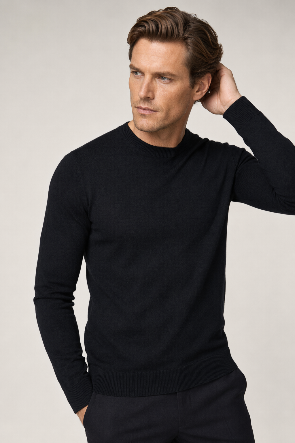 Slim Fit Sweater for Men with Round Neck Black