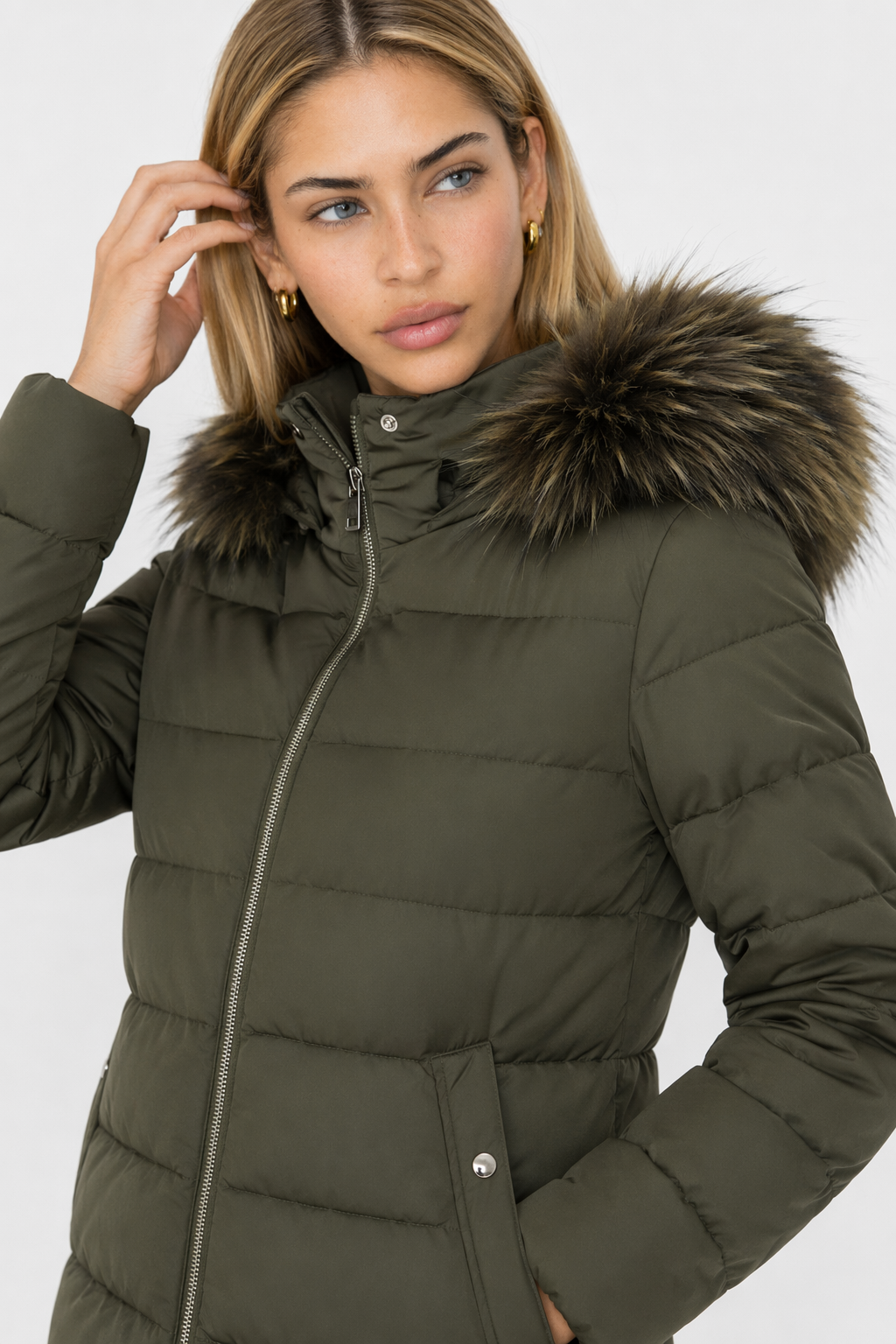 Long Coat for Women with Detachable Faux Fur Hood Army Green