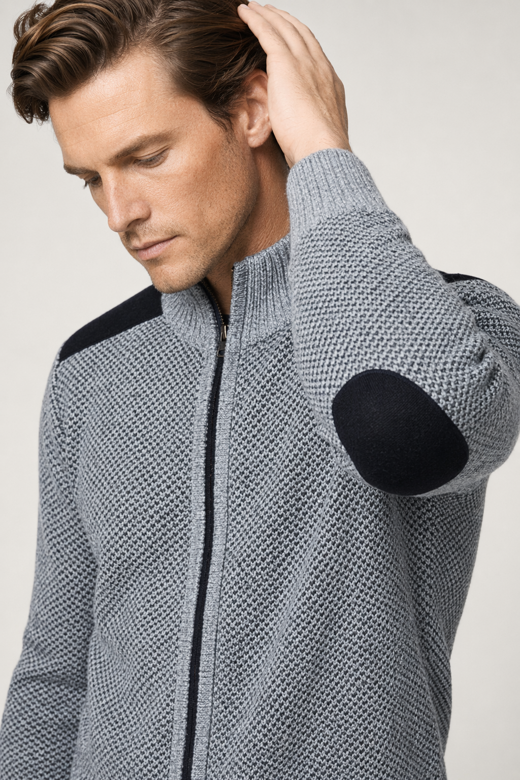 Men's Cardigan with Elbow Patch and Zipper Closure Default