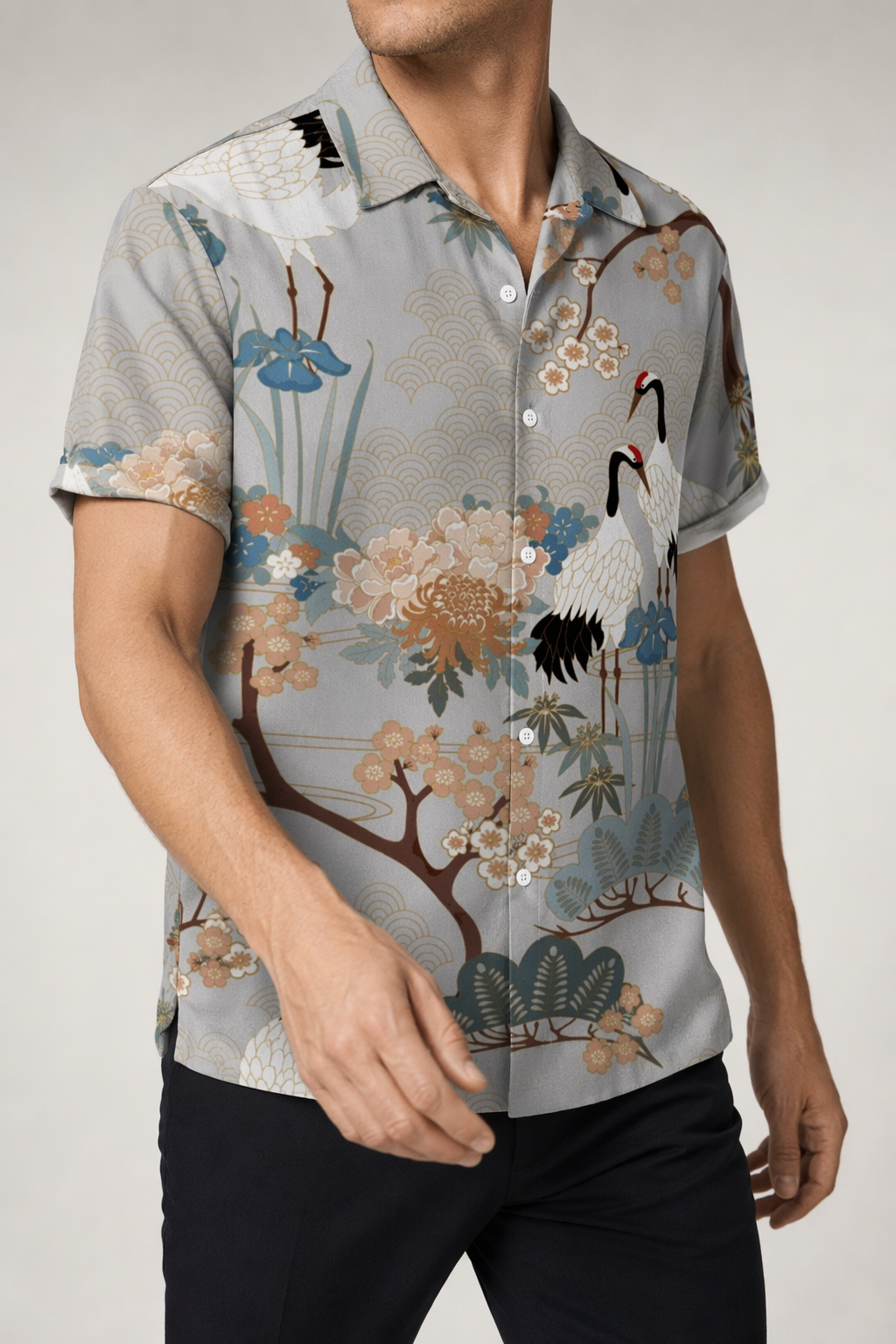 Hawaiian Shirt for Men with Japanese Design Gray