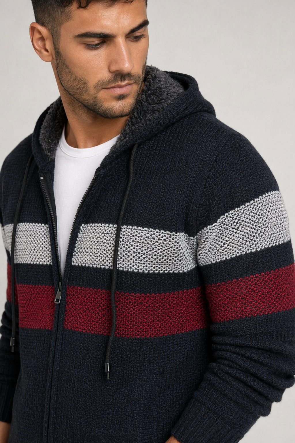 Hooded Men's Striped Knitted Sweater Navy