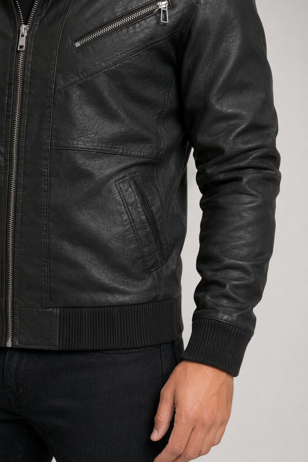 Faux Leather Biker Hooded Jacket for Men Default