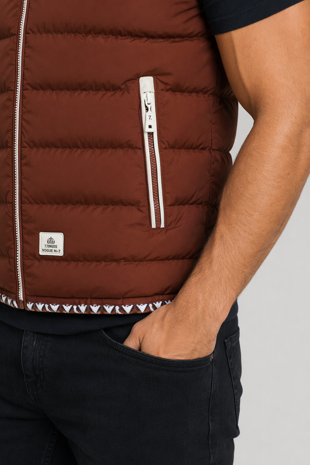 Red Wine Hooded Puffer Vest with Two-Tone Design for Men Default