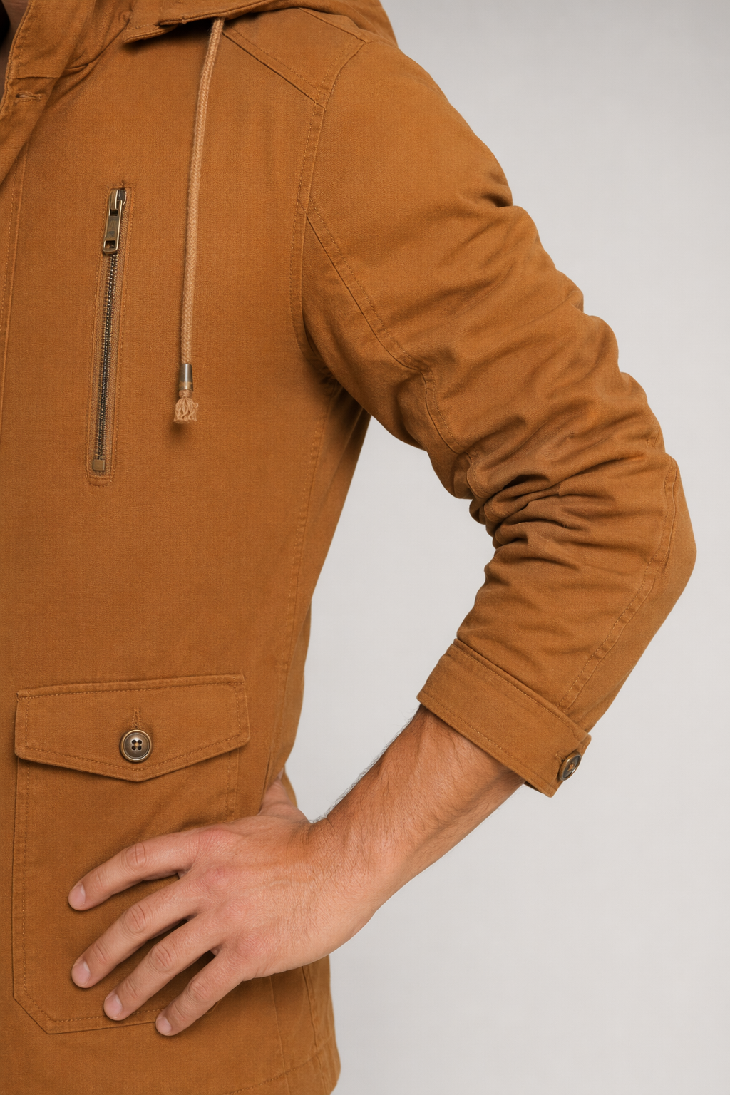 Hooded Trench Coat with Military Style for Men Brown