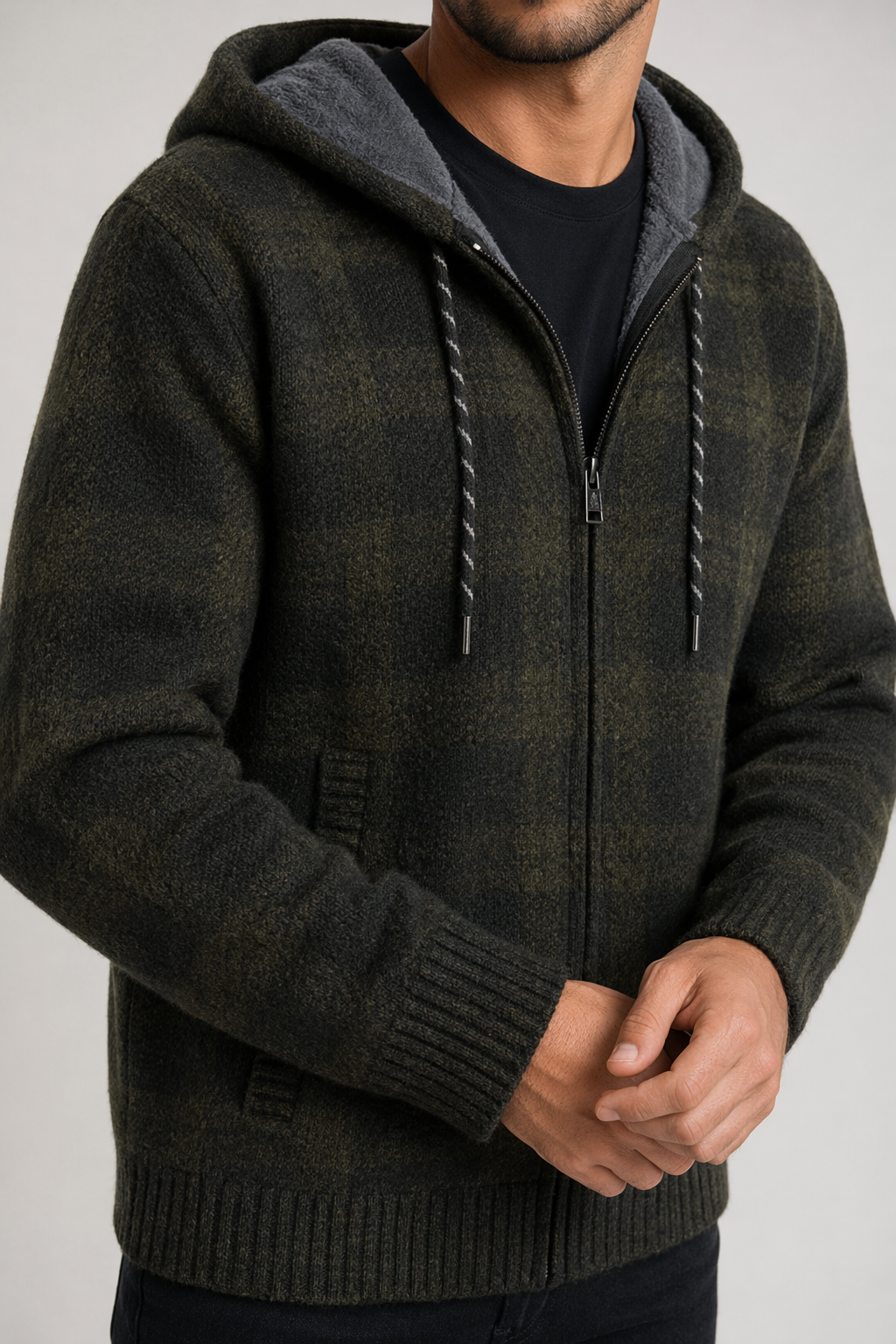 Plaid Zip-Up Jacket for Men with a Hood Army green