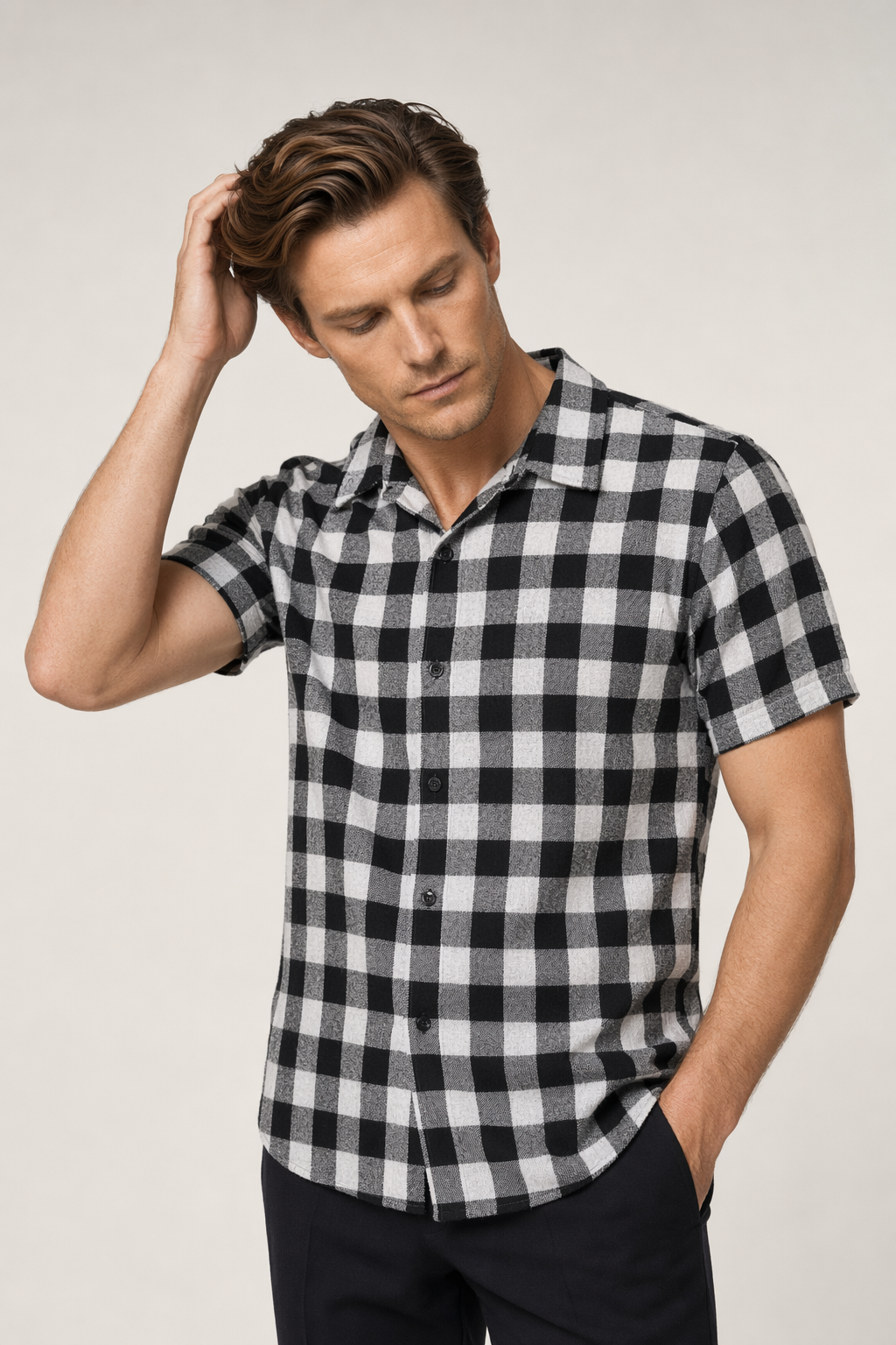 Checkered Short Sleeve Men's Shirt Black