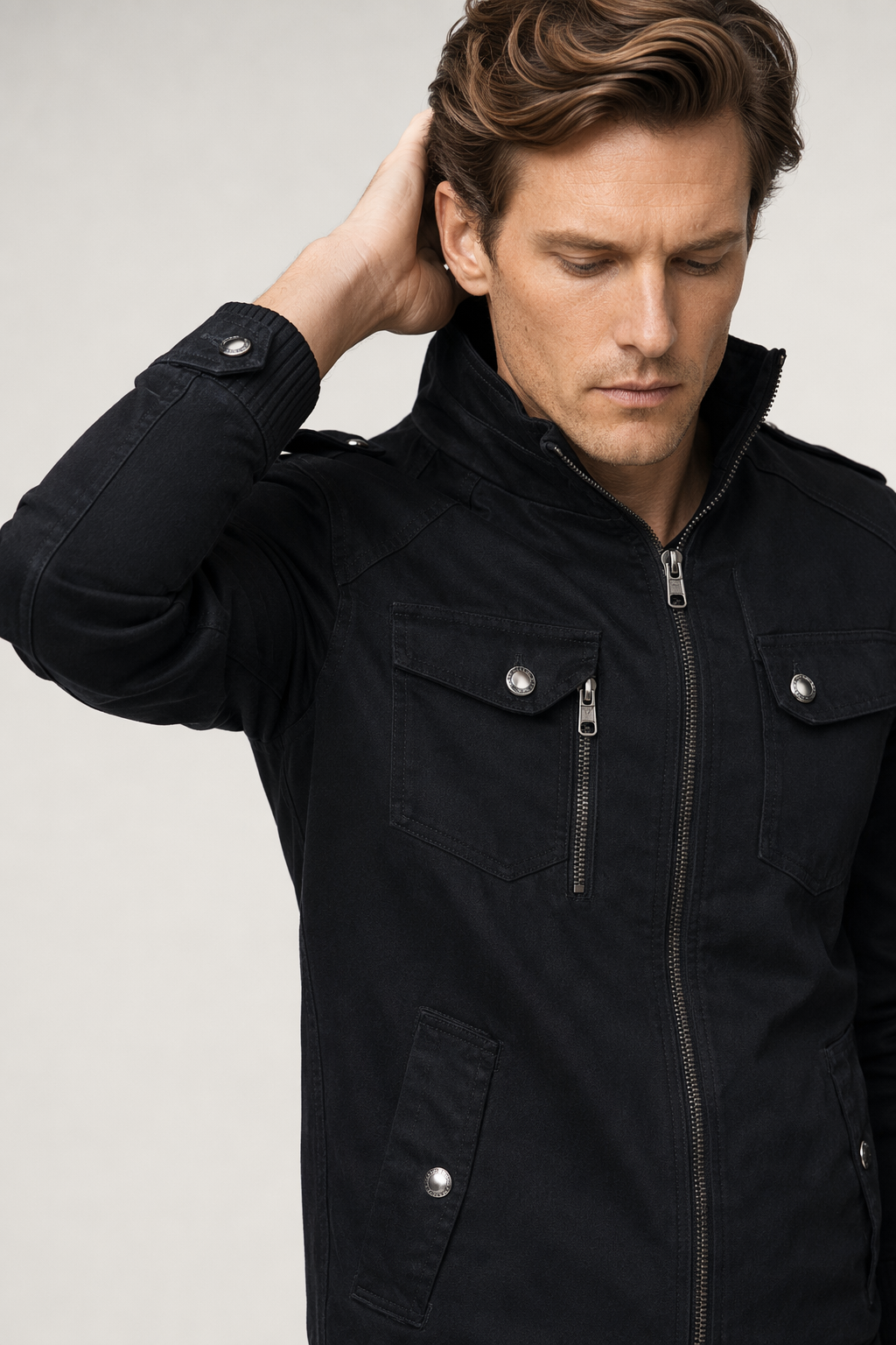 Casual Zipper Jacket for Men with Military-Inspired Look Black
