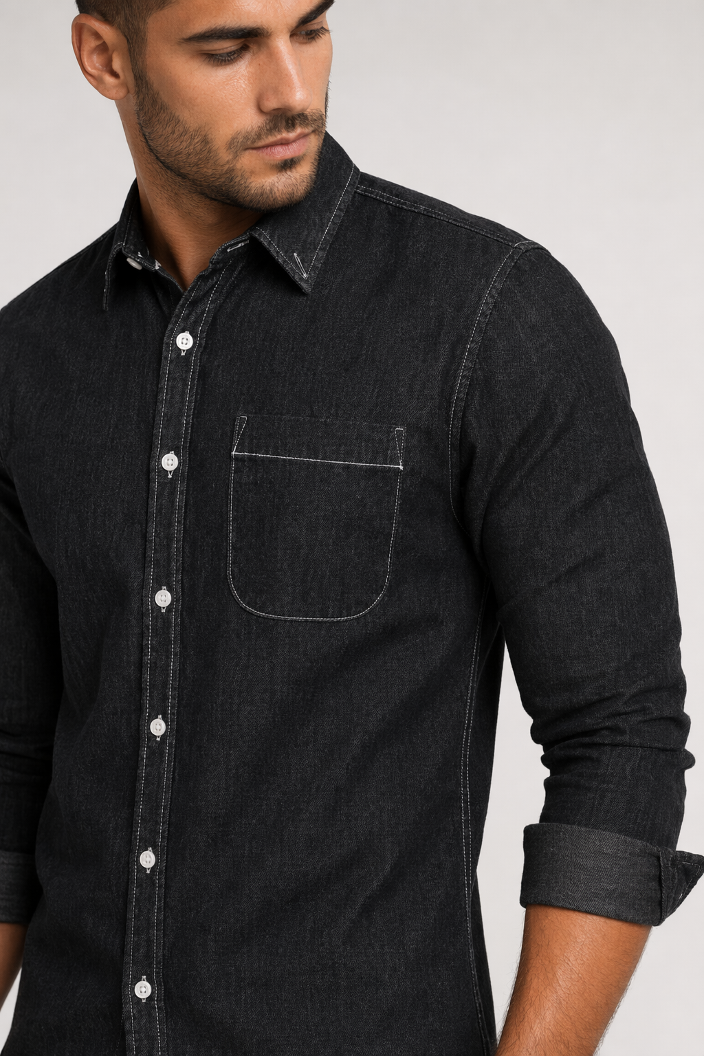 Long Sleeve Denim Shirt with Single Pocket for Men Black