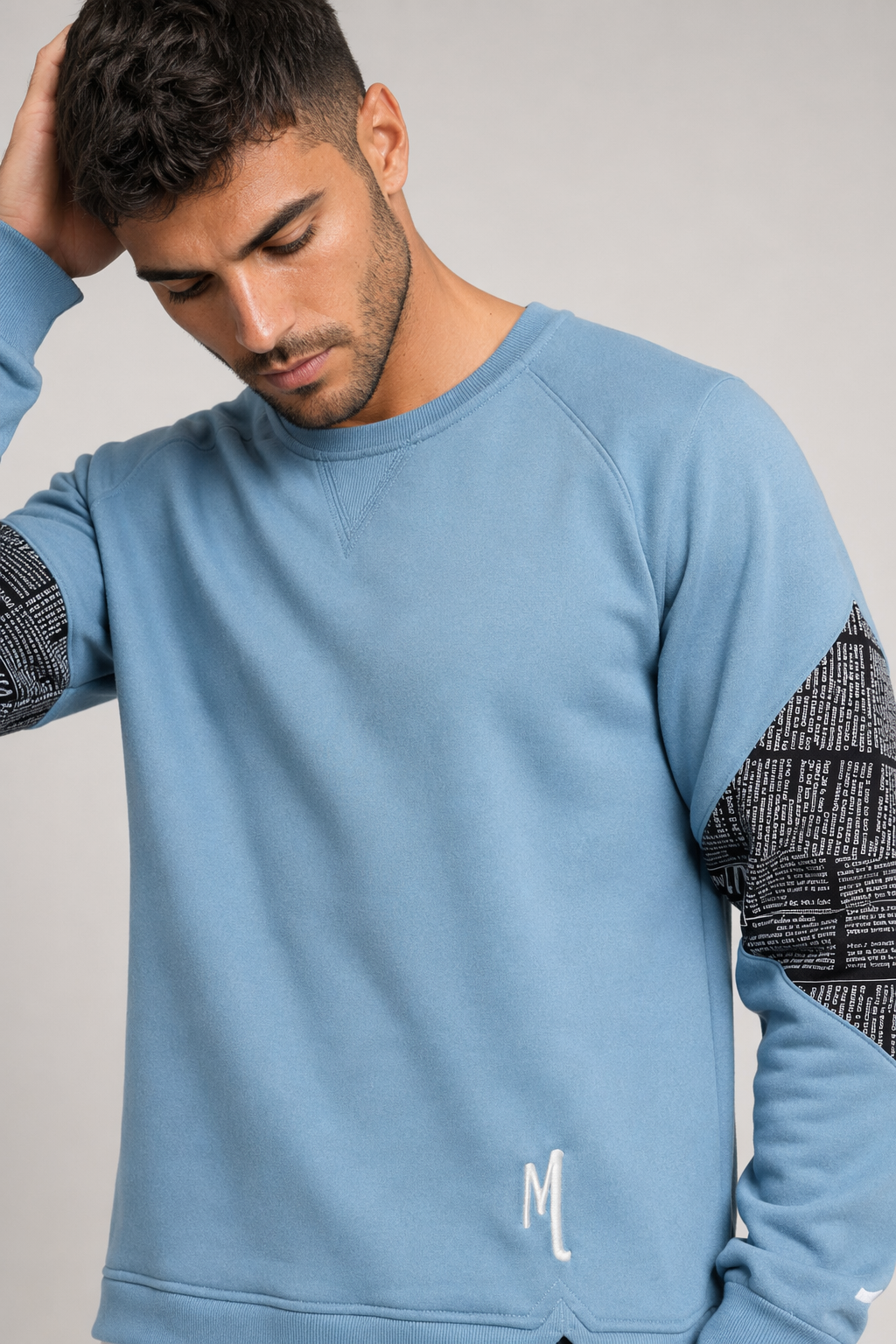 Layered Look Men's Sweatshirt with Elbow Prints Blue
