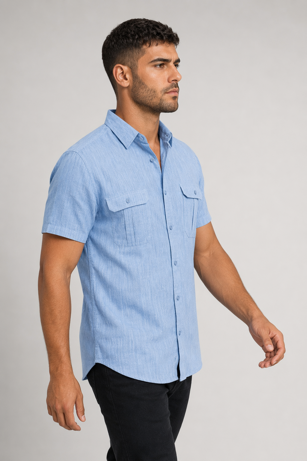 Linen Short-Sleeve Summer Shirt for Men BLUE