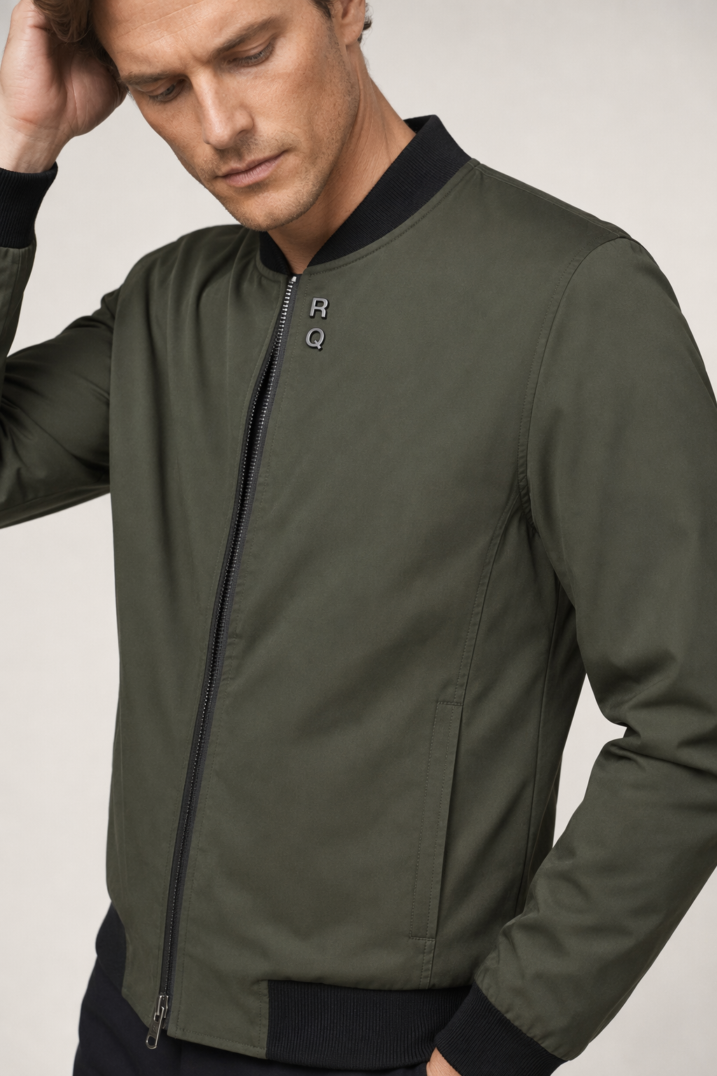 Round Neck Zipper Jacket for Men with Built-in Insulating Layer Army Green