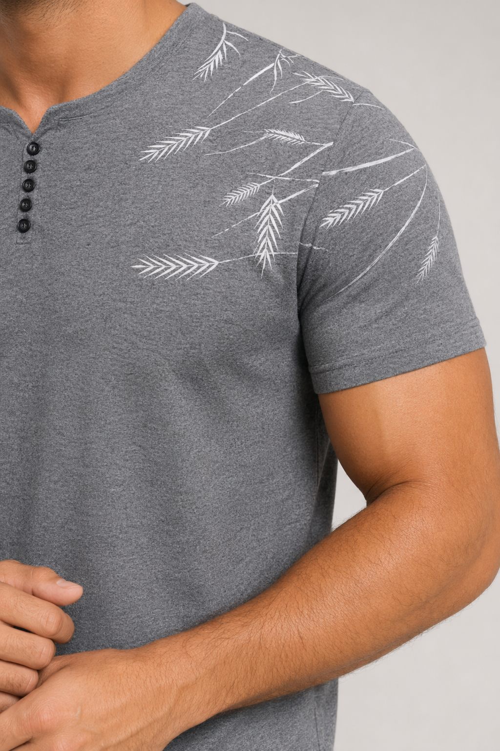 Feather Print Men's Short Sleeve Buttoned T-Shirt Gray