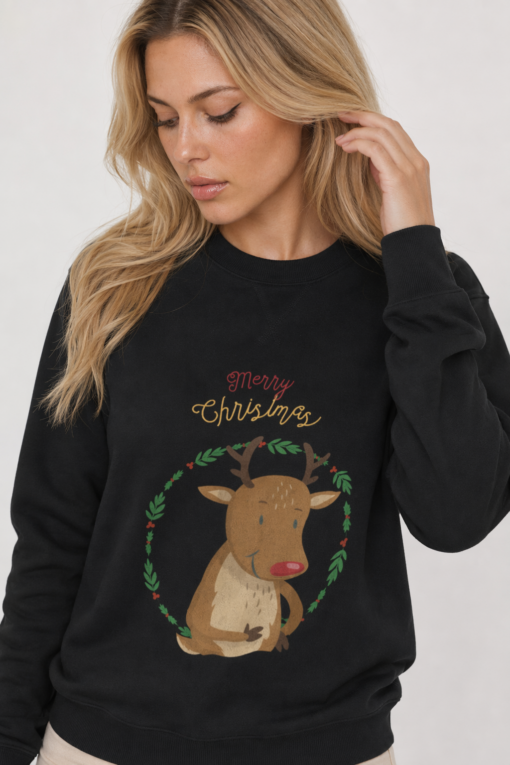 Reindeer Crewneck Sweatshirt for Women Black