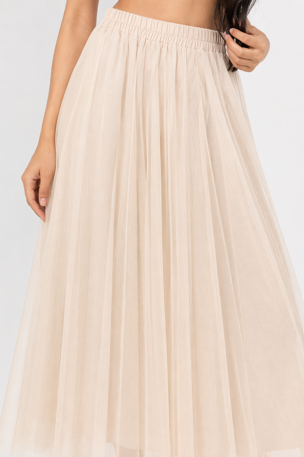 Summer Long Skirt with Elastic Waistband and 3 Layers Beige