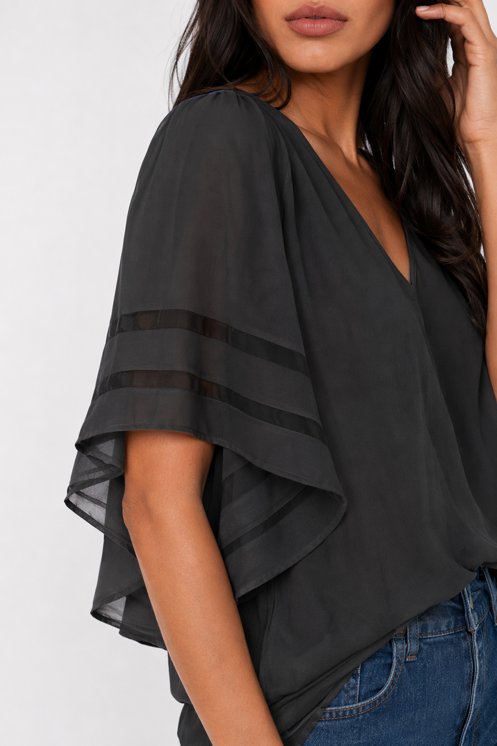 Chiffon Top with Batwing Sleeves and V-Neck for Women Black