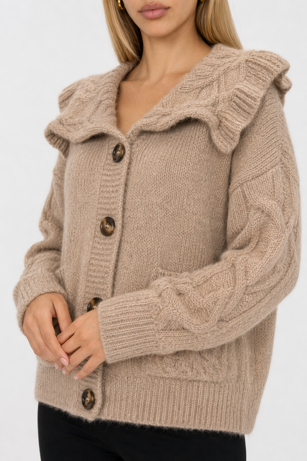 Ruffled Collar Ladies' Cardigan Khaki