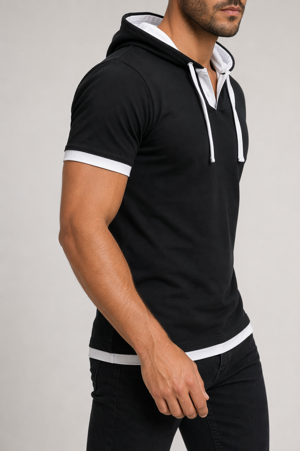 Short Sleeve Hooded Tee for Men Black