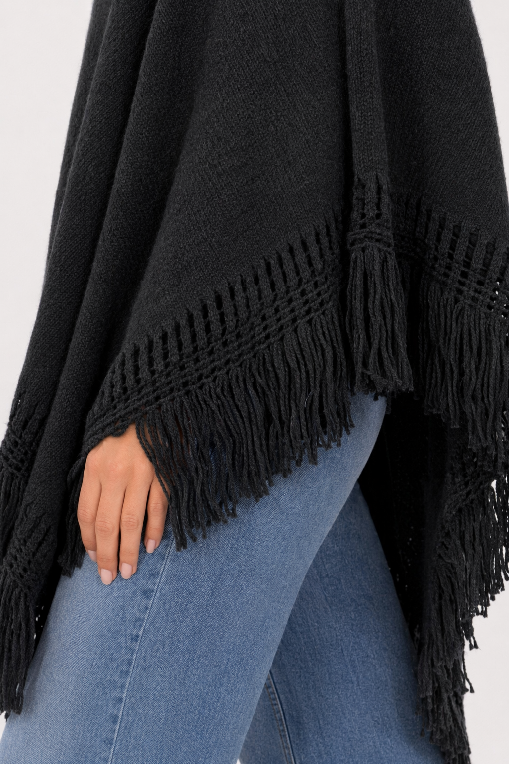 Women's Fringed Hooded Cape Black