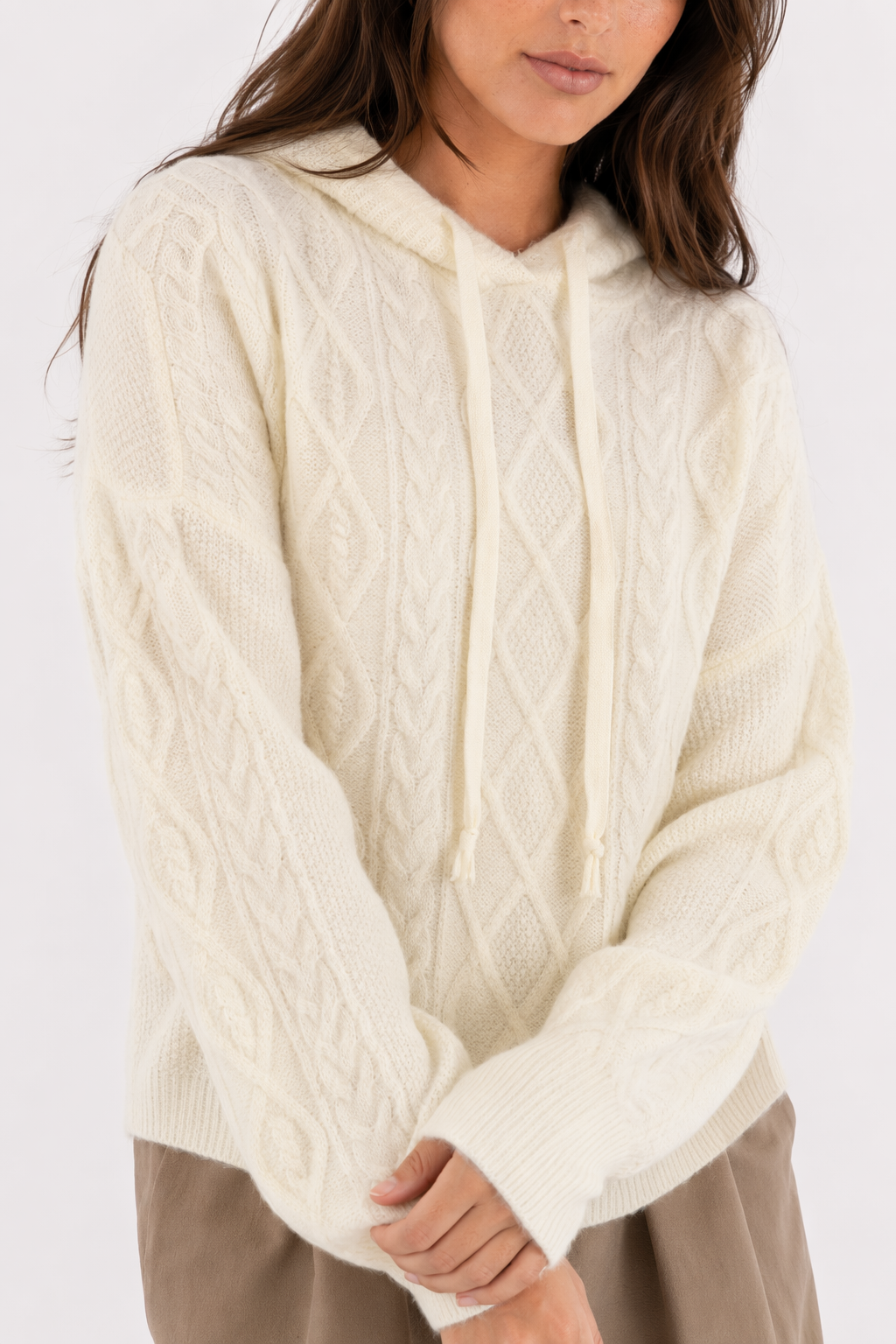 Hooded Cable-Knit Sweater for Women Beige