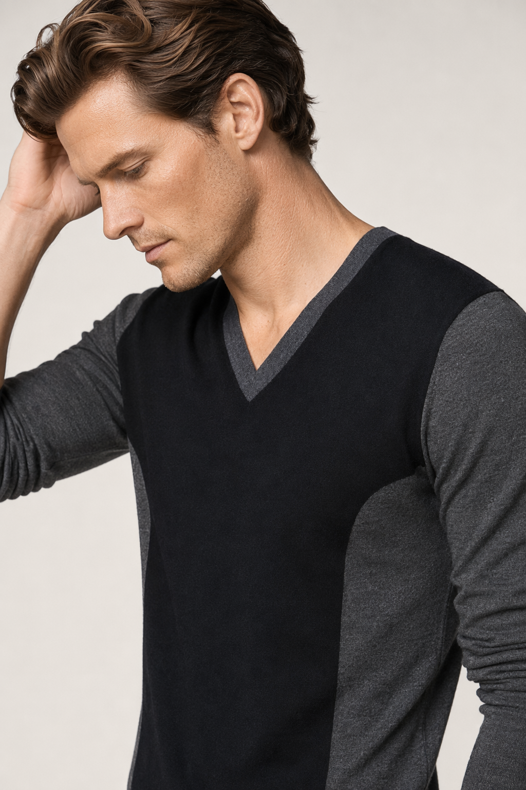 Dual Tone V-Neck Long Sleeve Men's Top Default