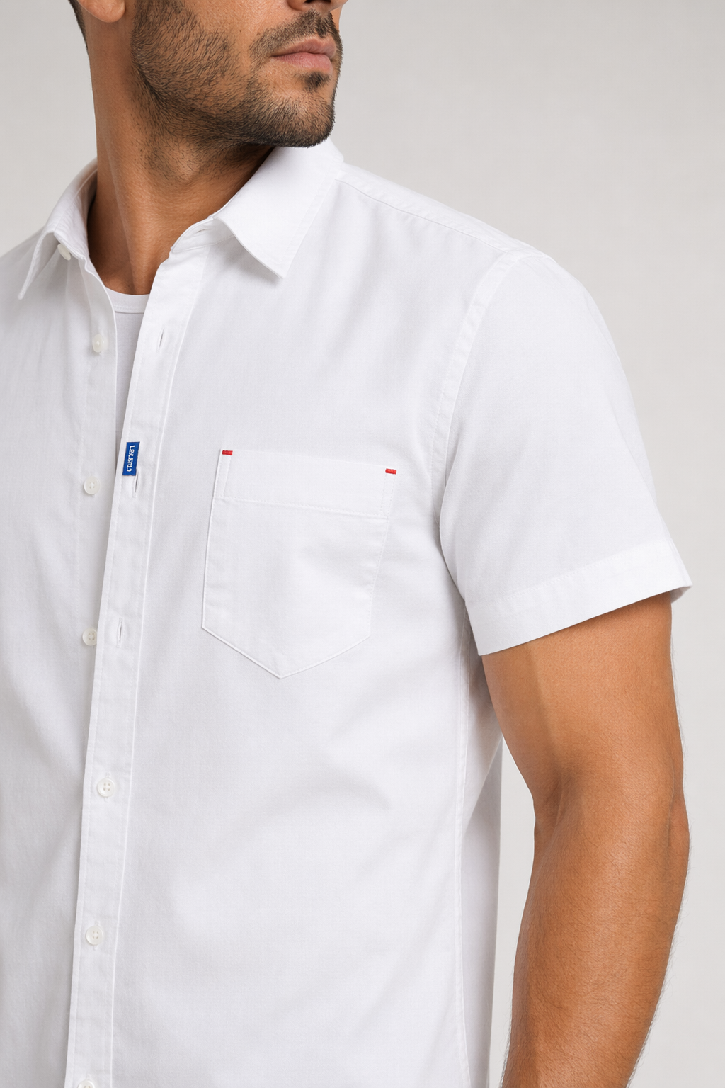 Short Sleeve Men's Button-Up Shirt Title Revision White