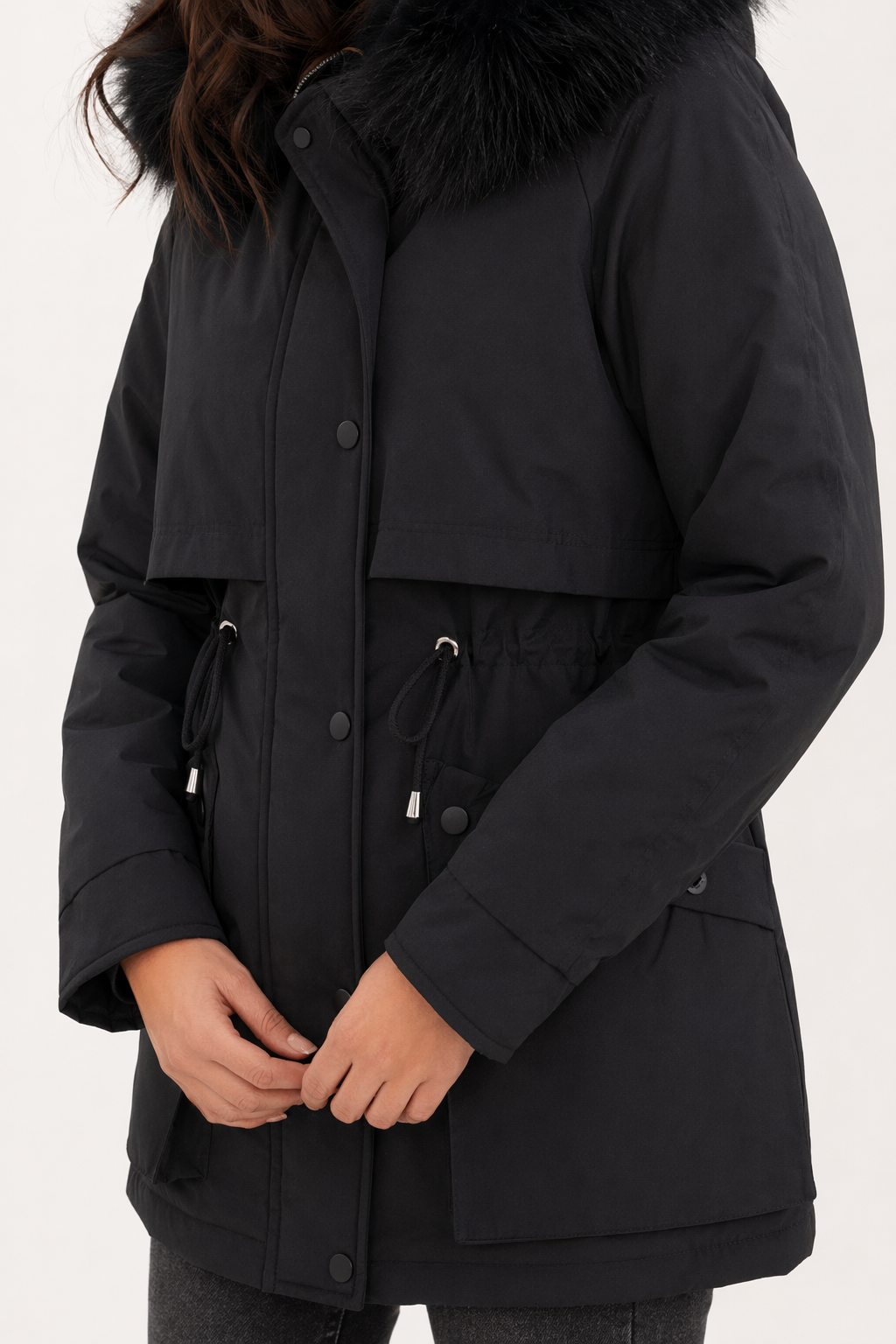 Faux Fur Hooded Women's Jacket with Adjustable Waist Tie Black