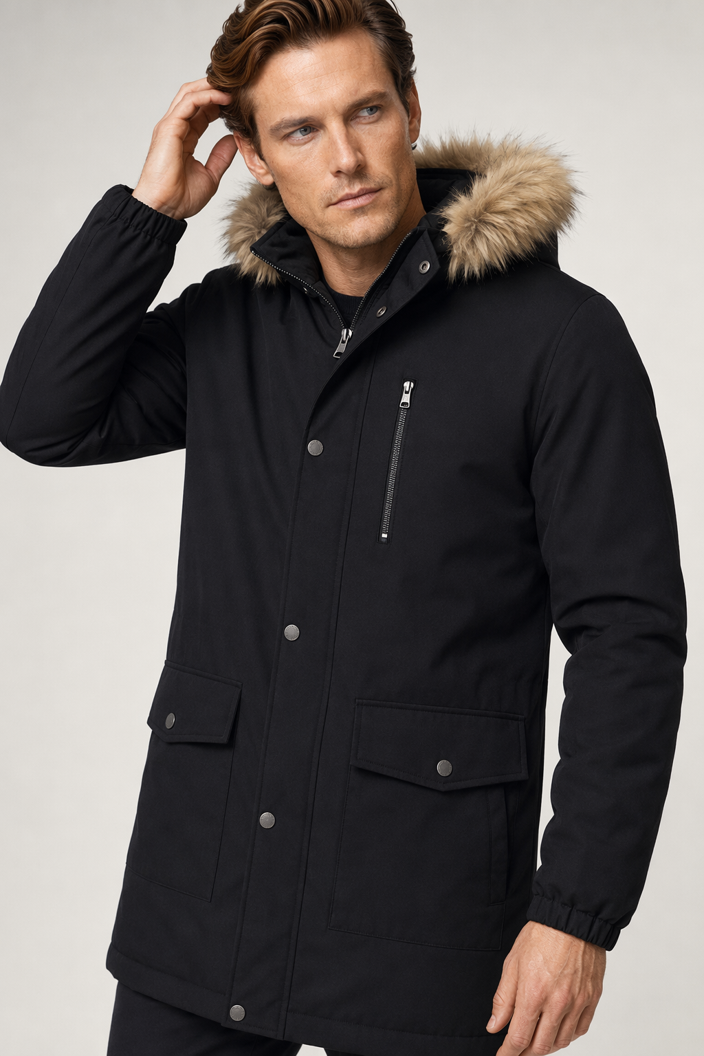 Long Parka Jacket for Men with Faux Fur Hood Black