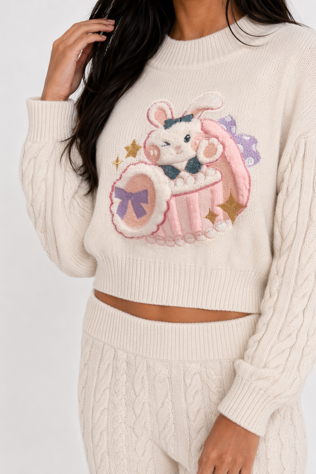 Off White Anime Rabbit Sweater Set Top
