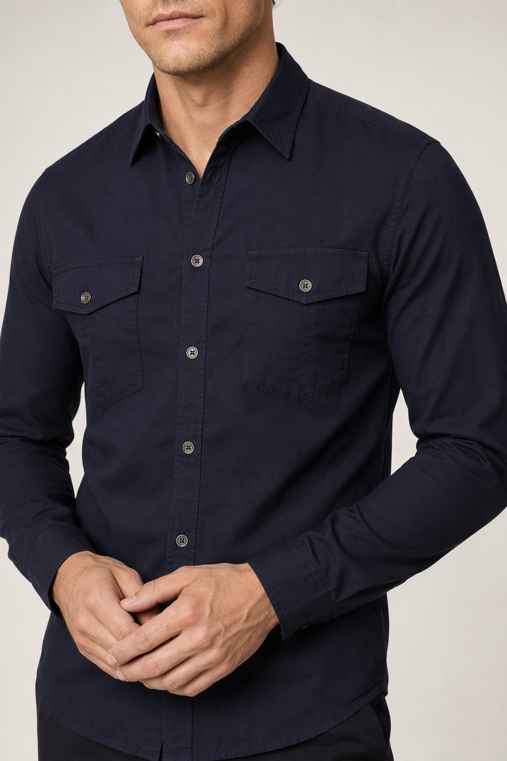 Long Sleeve Military Shirt with Dual Pockets for Men Navy