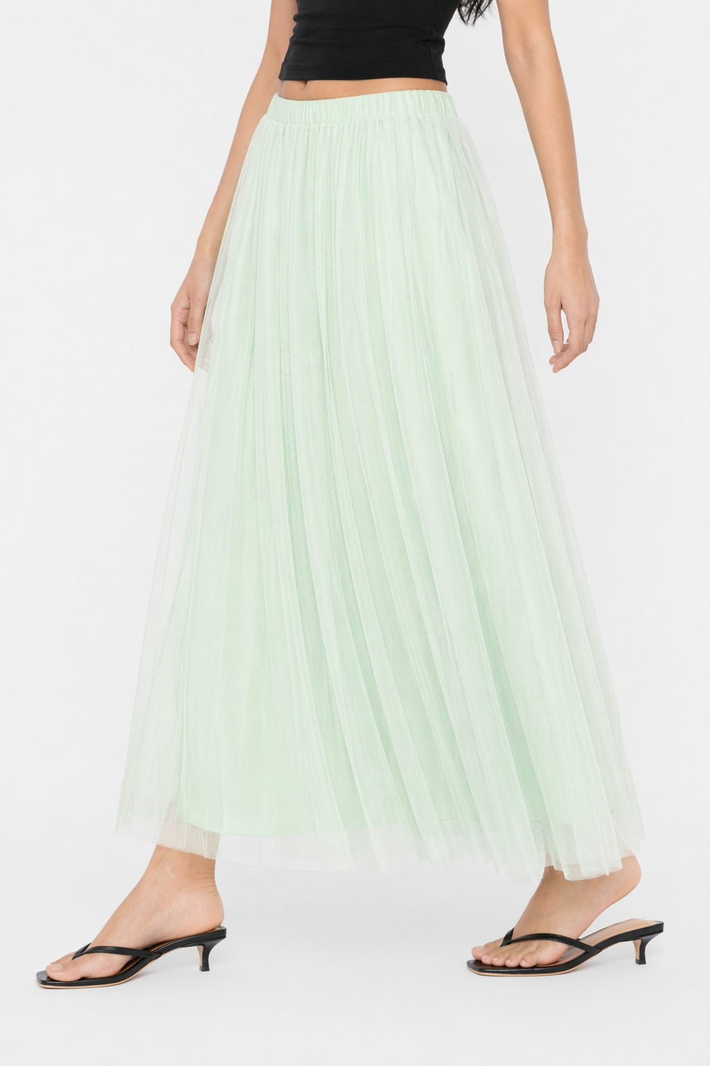Summer Long Skirt with Elastic Waistband and 3 Layers Mint Green