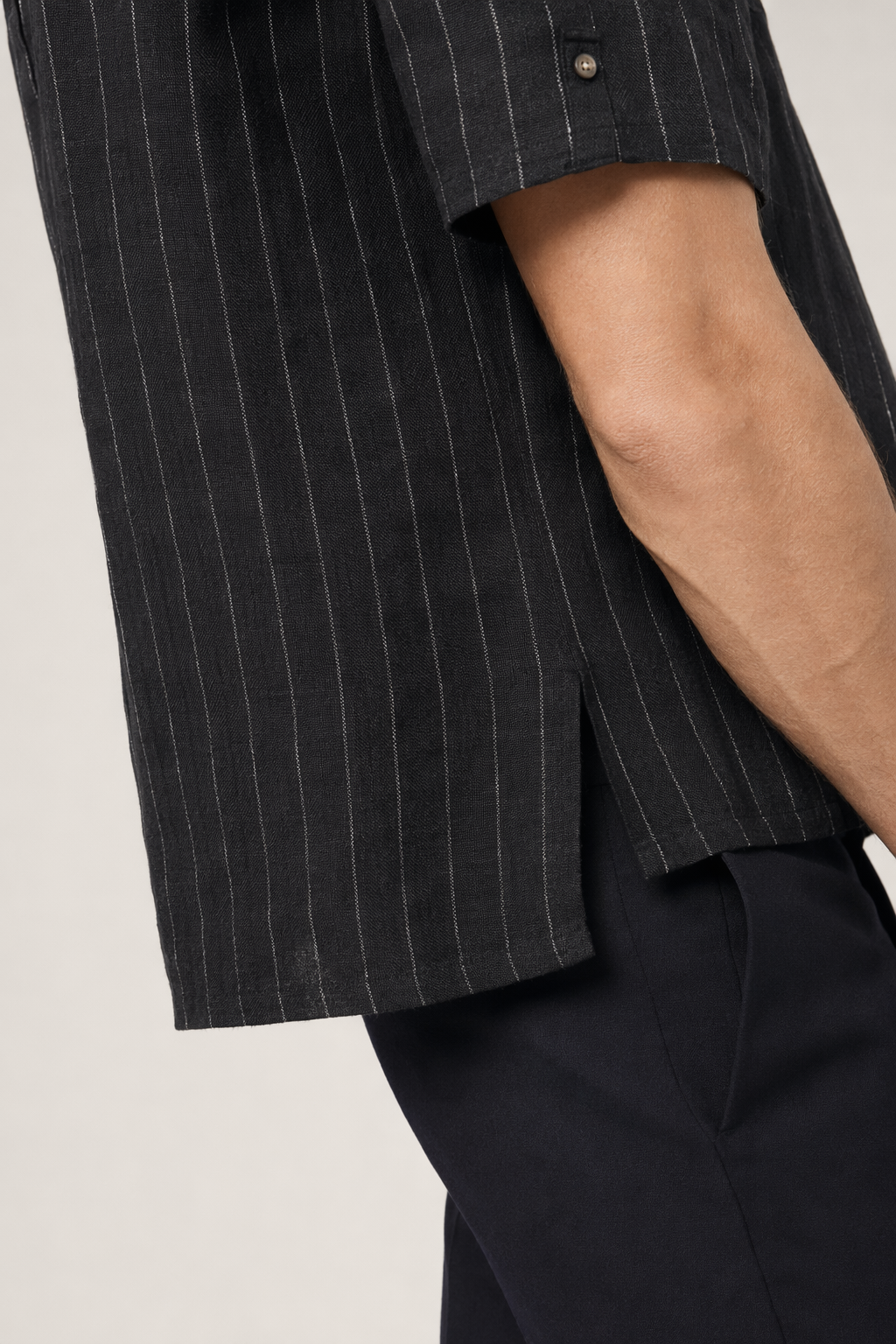 Short Sleeve Linen Striped Shirt for Men Black