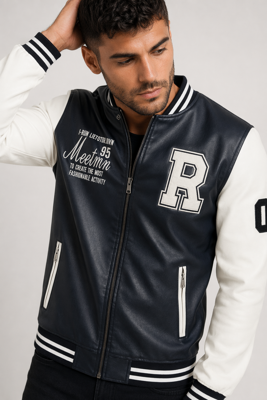 Men's Synthetic Leather Baseball Jacket White