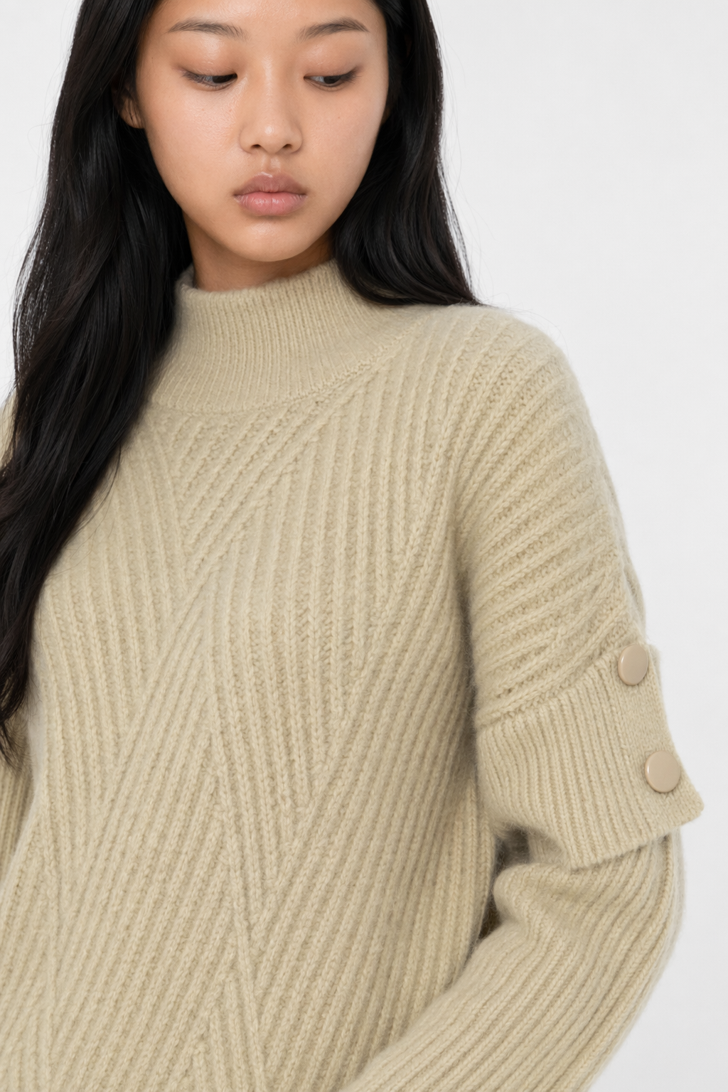 Button-Detailed Women's Sweater with a High Neckline Khaki
