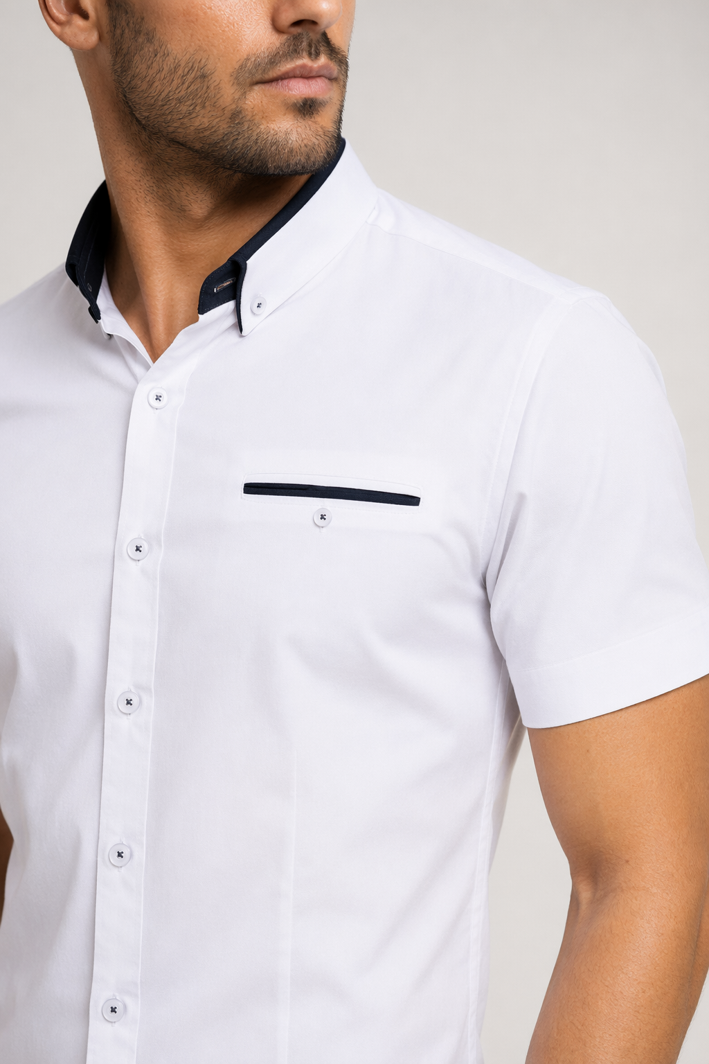 Short-Sleeved Shirt for Men with Unique Dual Collar Style White