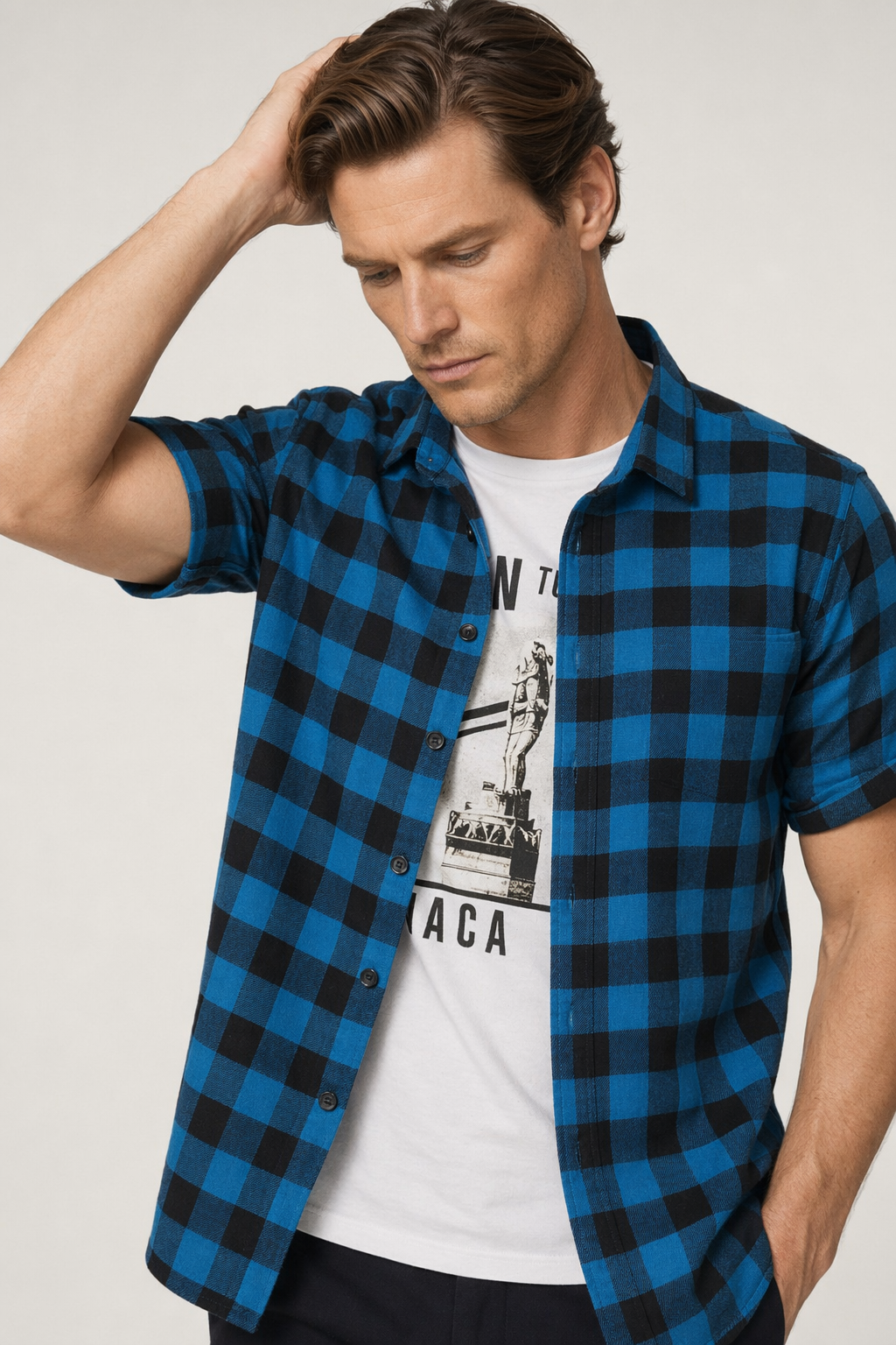 Checkered Short Sleeve Men's Shirt Blue