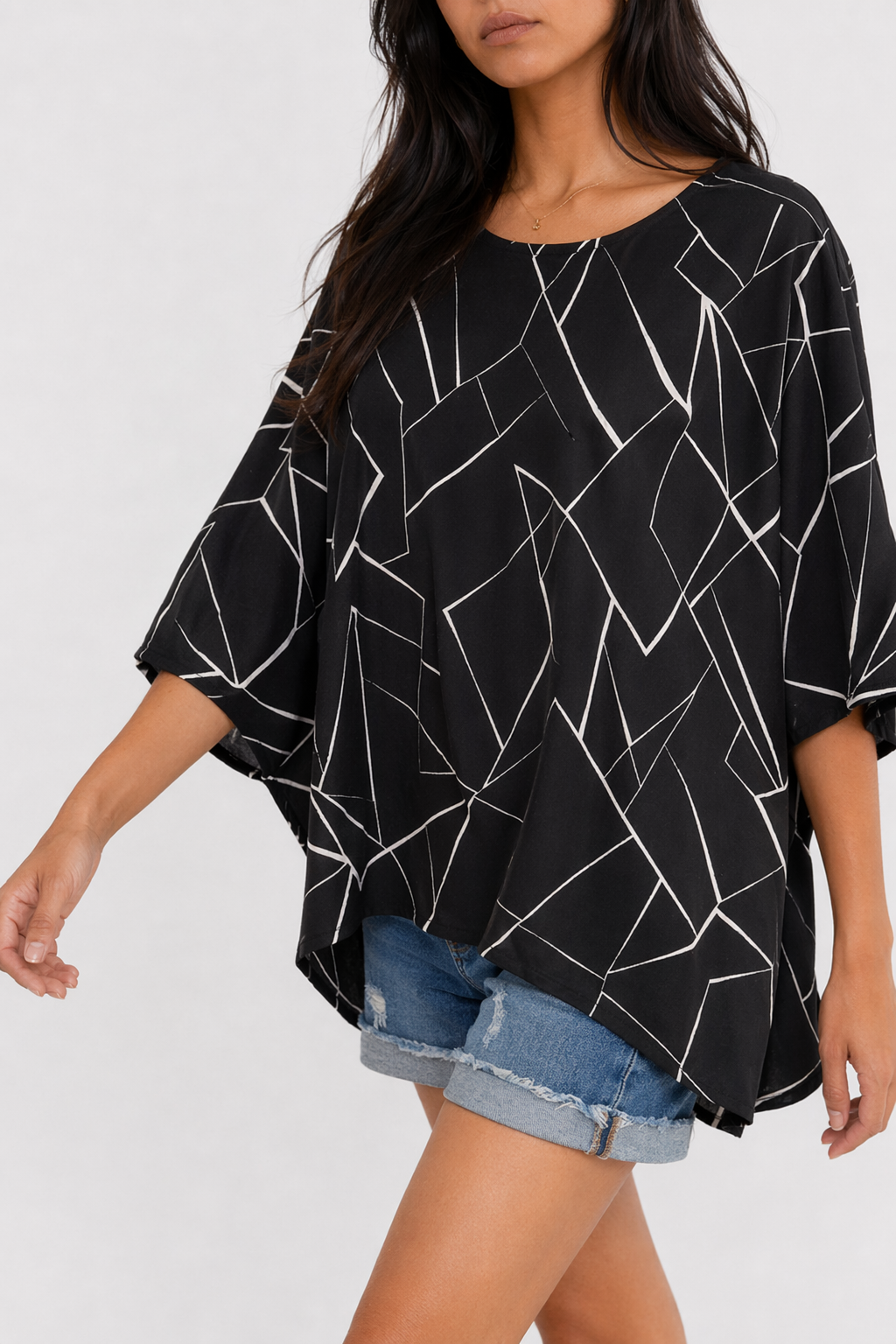 Geo Print Batwing Top for Women Default