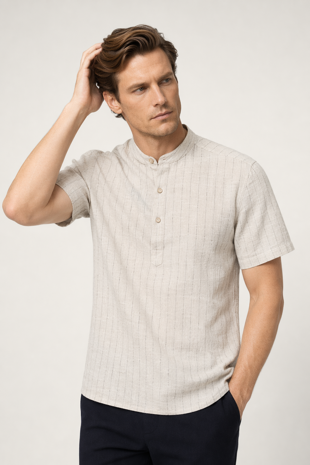 Short Sleeve Linen Striped Shirt for Men Beige