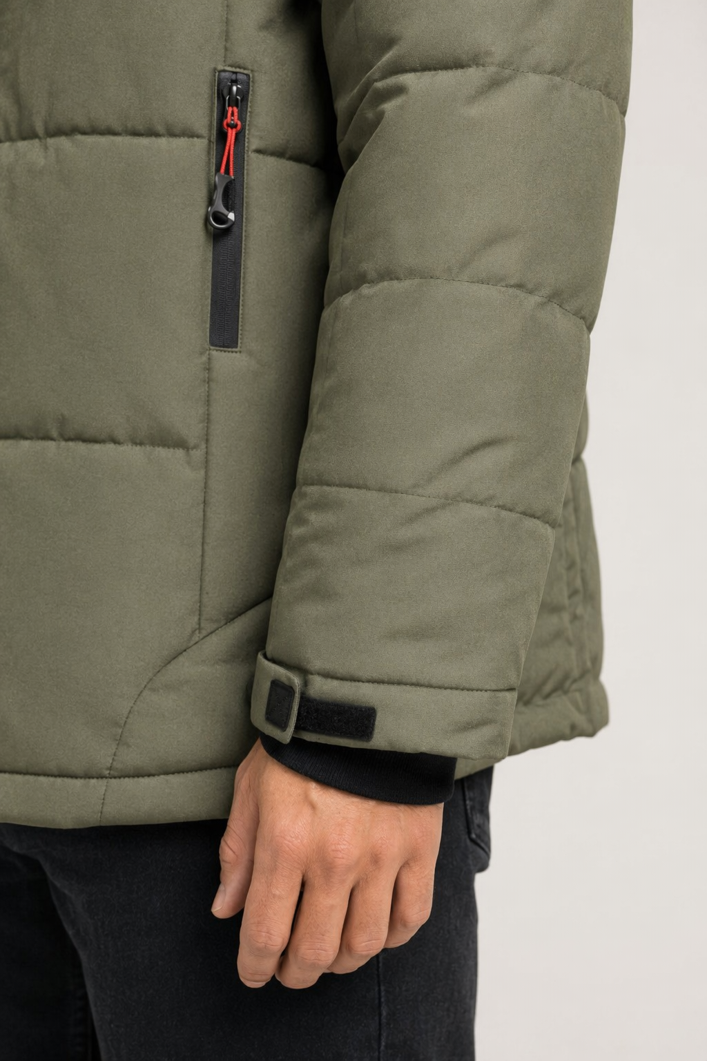 High Collar Men's Puffer Jacket with Detachable Hood Green