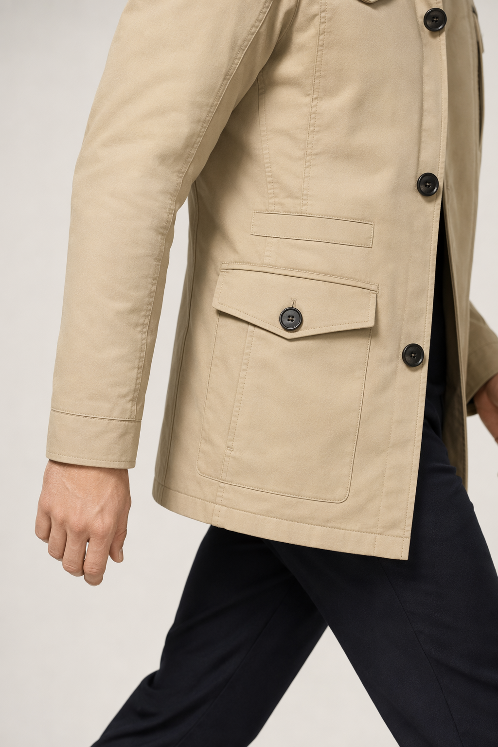 Hooded Coat with Military-Inspired Design for Men Khaki