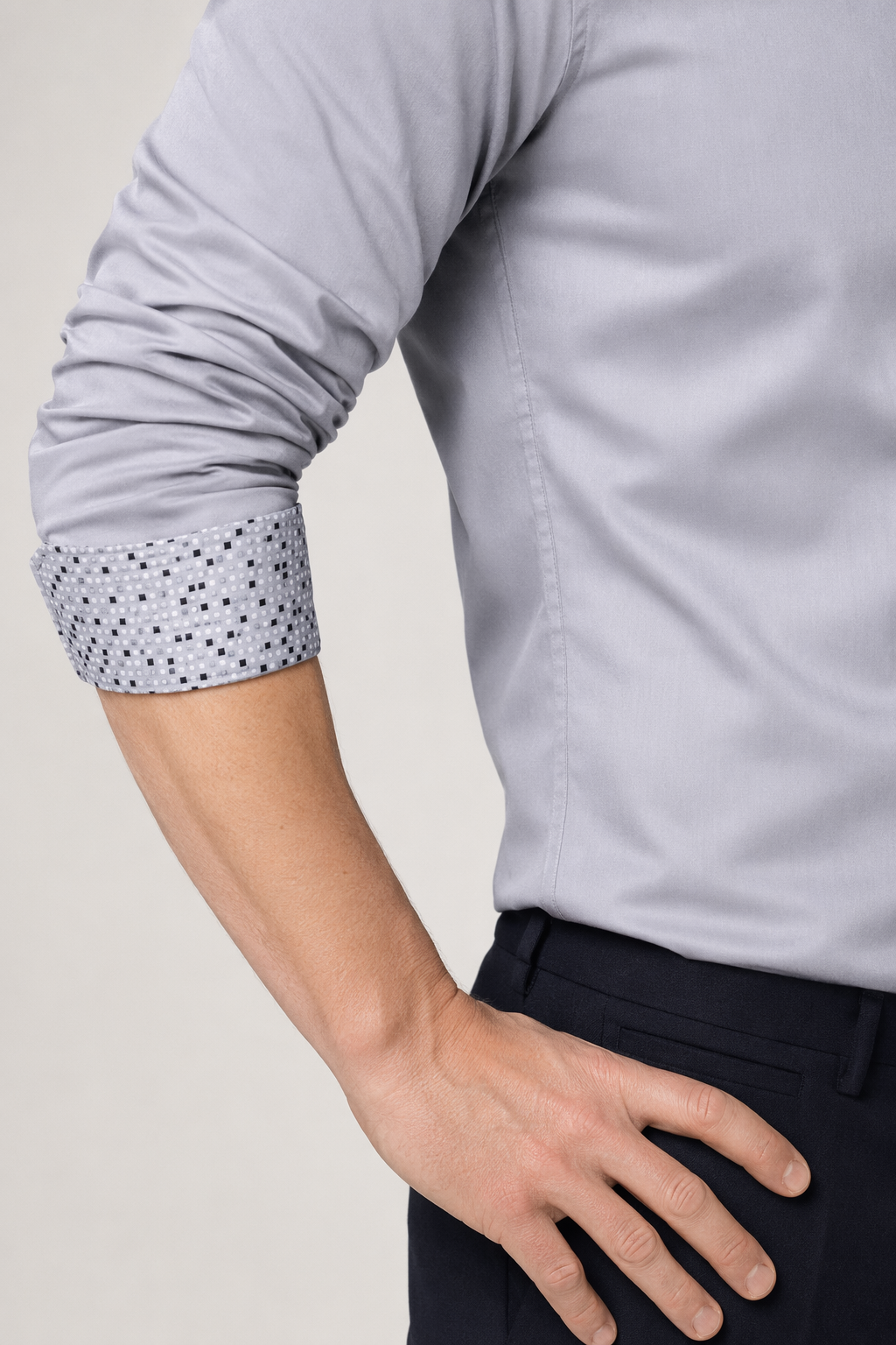 Men's Button-Up Shirt with Unique Pocket and Sleeve Accents Gray