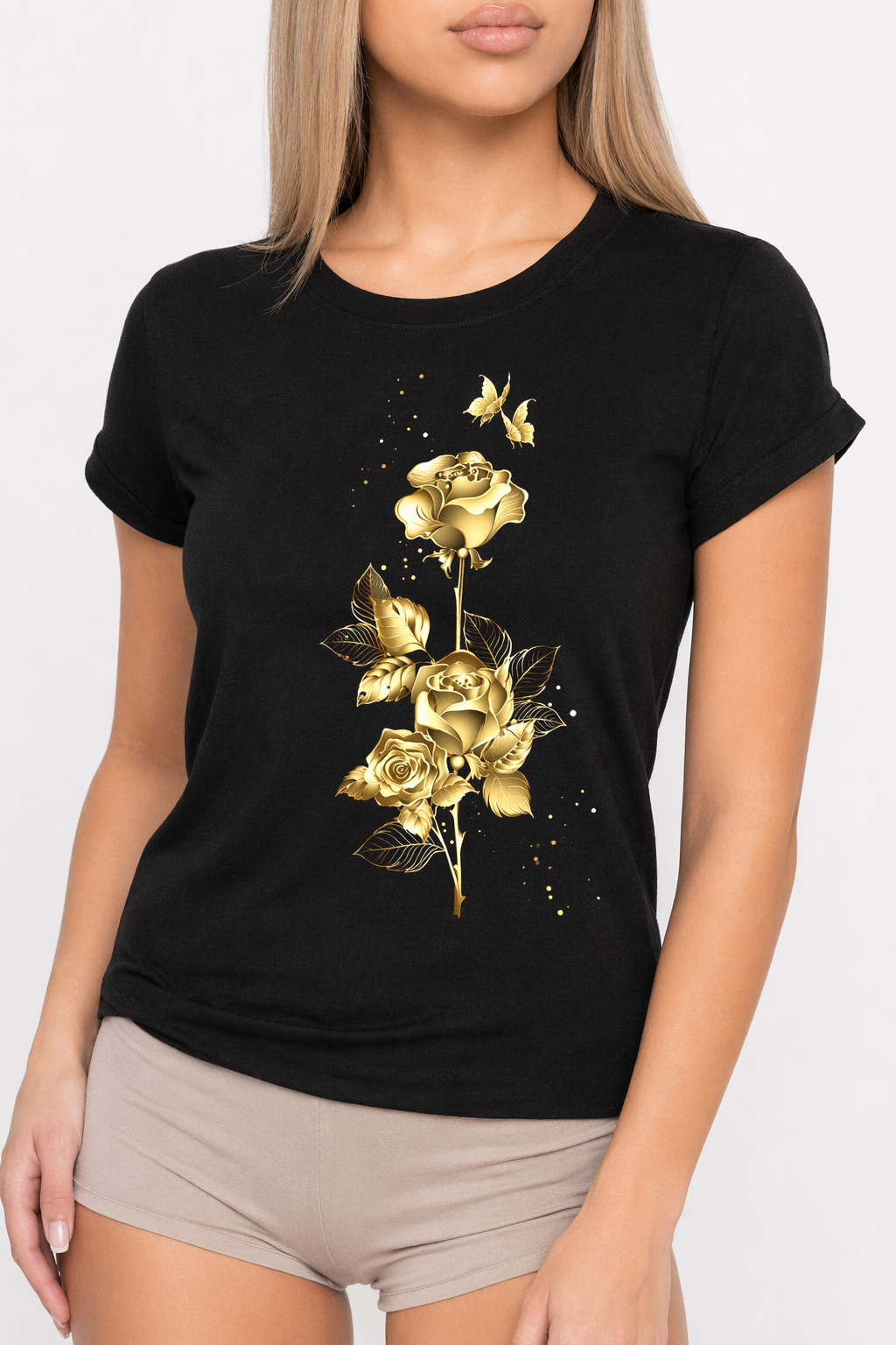 Golden Rose Design Women's Short Sleeve Black Tee for Summer A