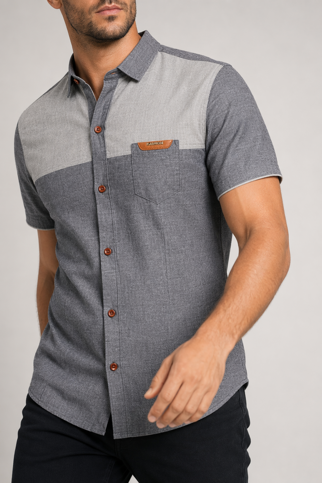 Color Block Men's Denim Shirt Gray