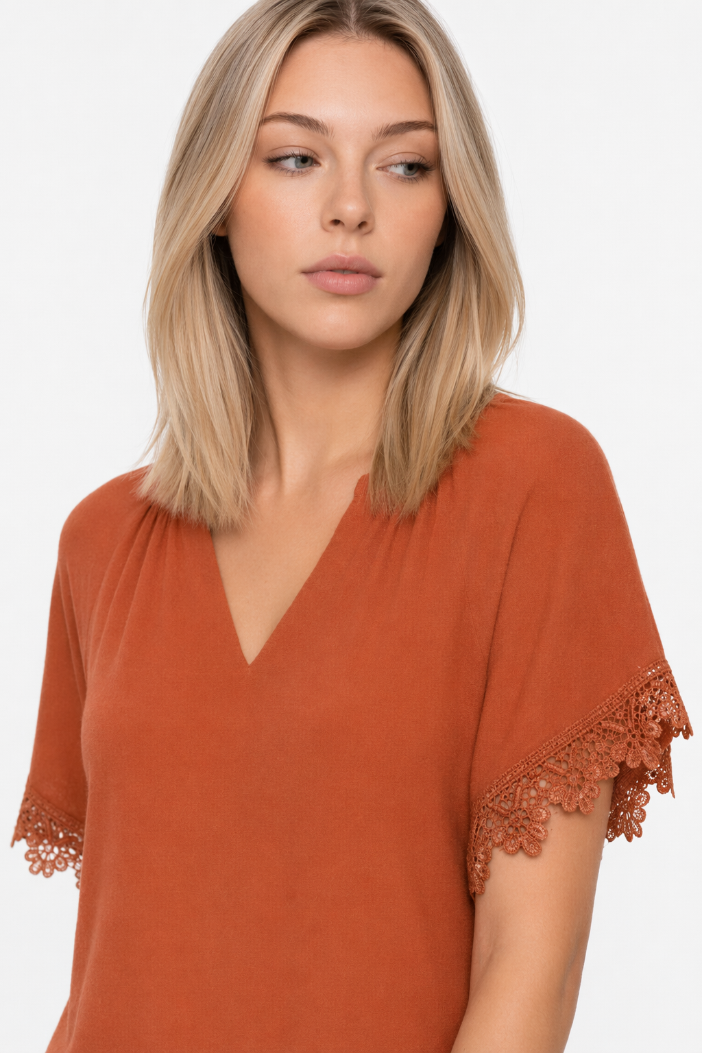 Ladies' V-Neck Tee with Delicate Lace Accents Burnt Orange