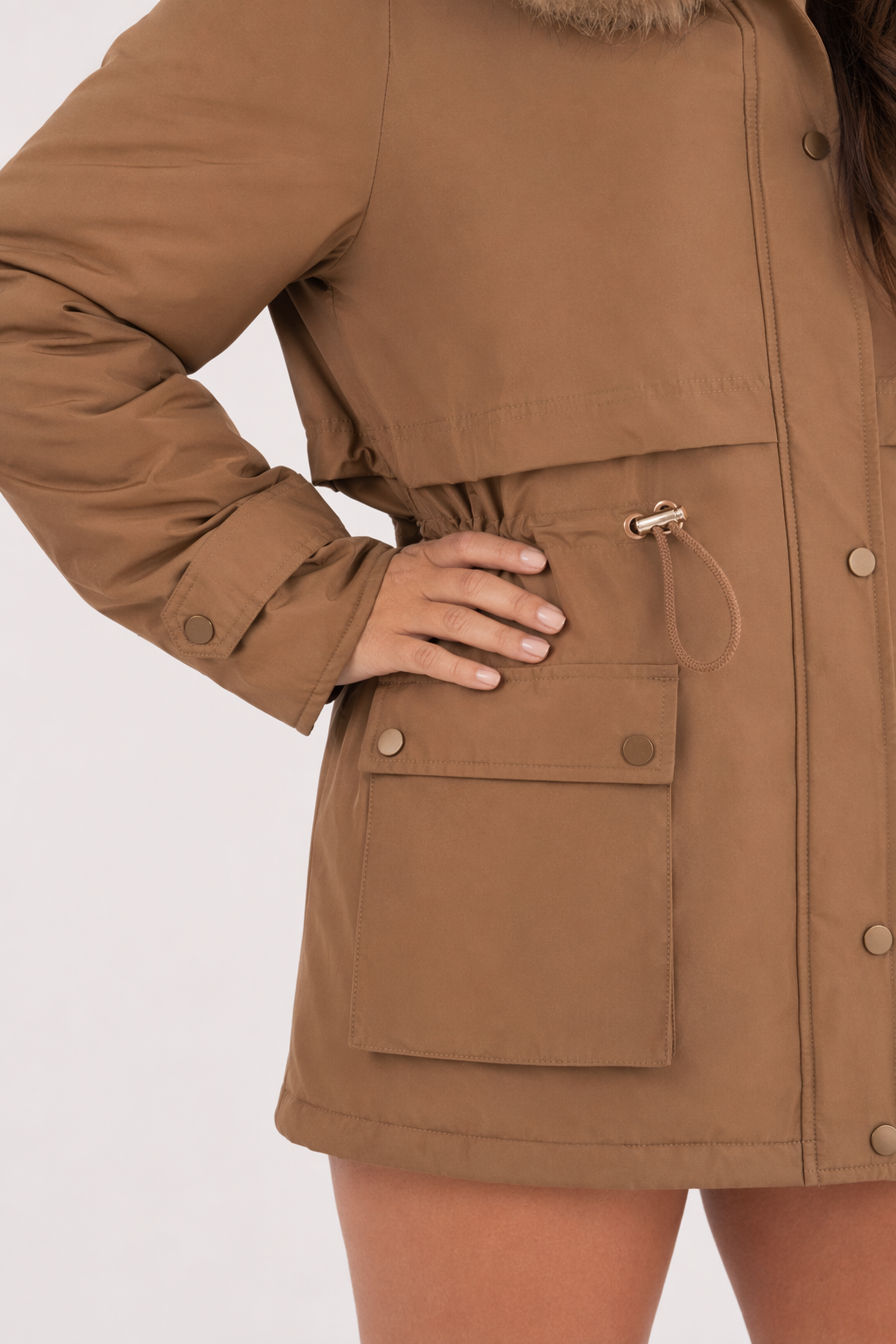 Faux Fur Hooded Women's Jacket with Adjustable Waist Tie Brown