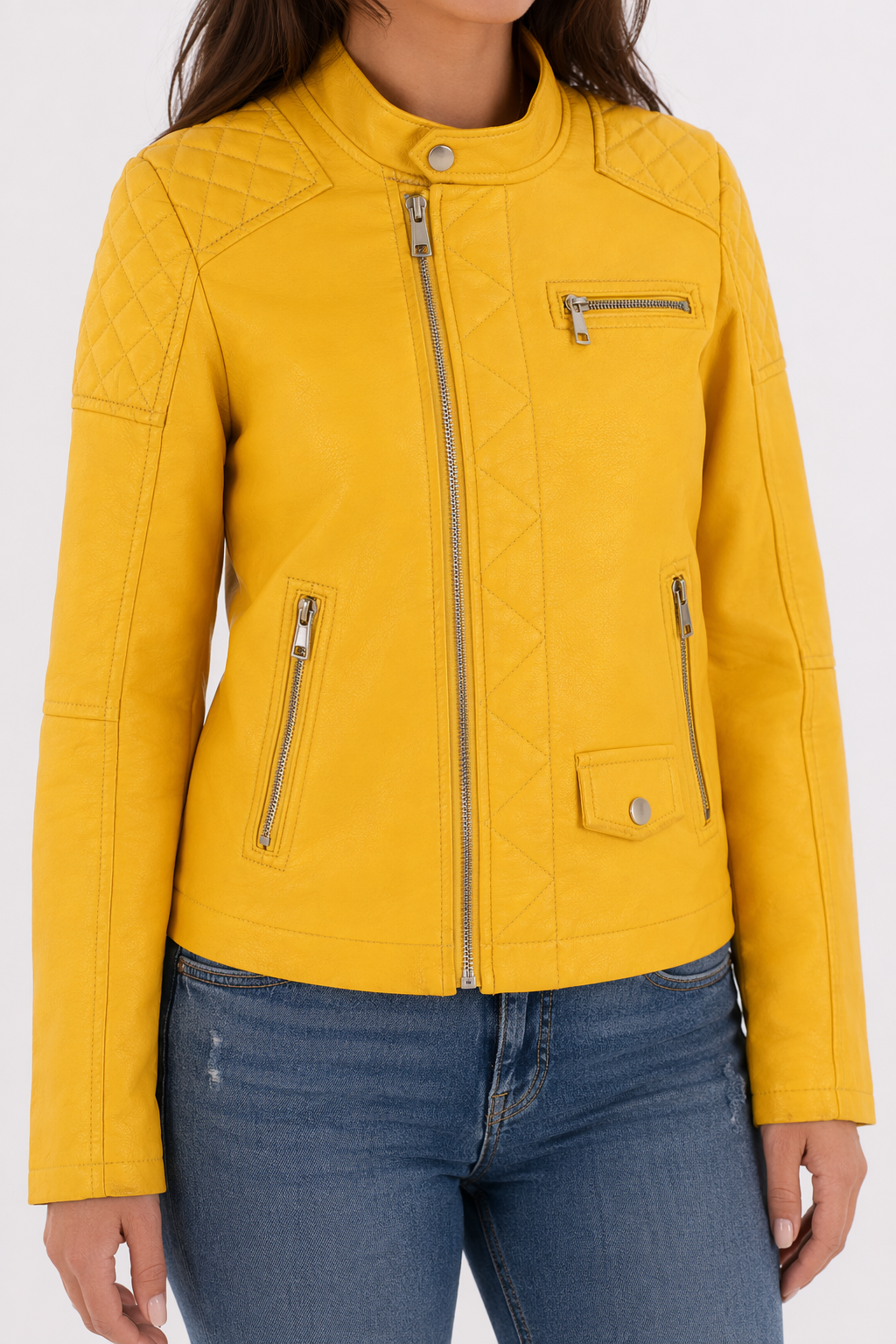Quilted Faux Leather Jacket for Women Yellow
